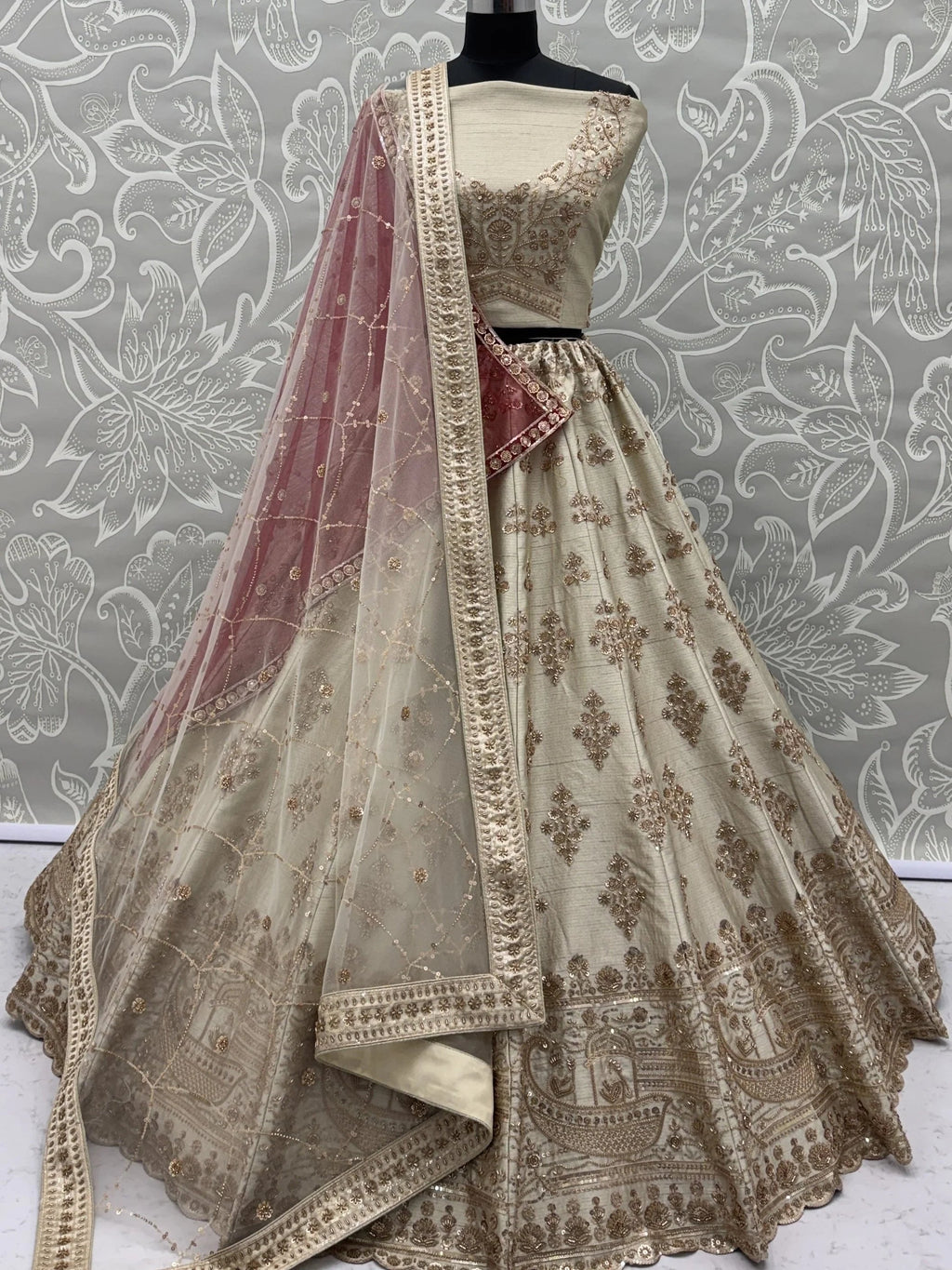 Beige Awesome Hand Work Silk Bridal Lehenga Choli With Double Dupatta