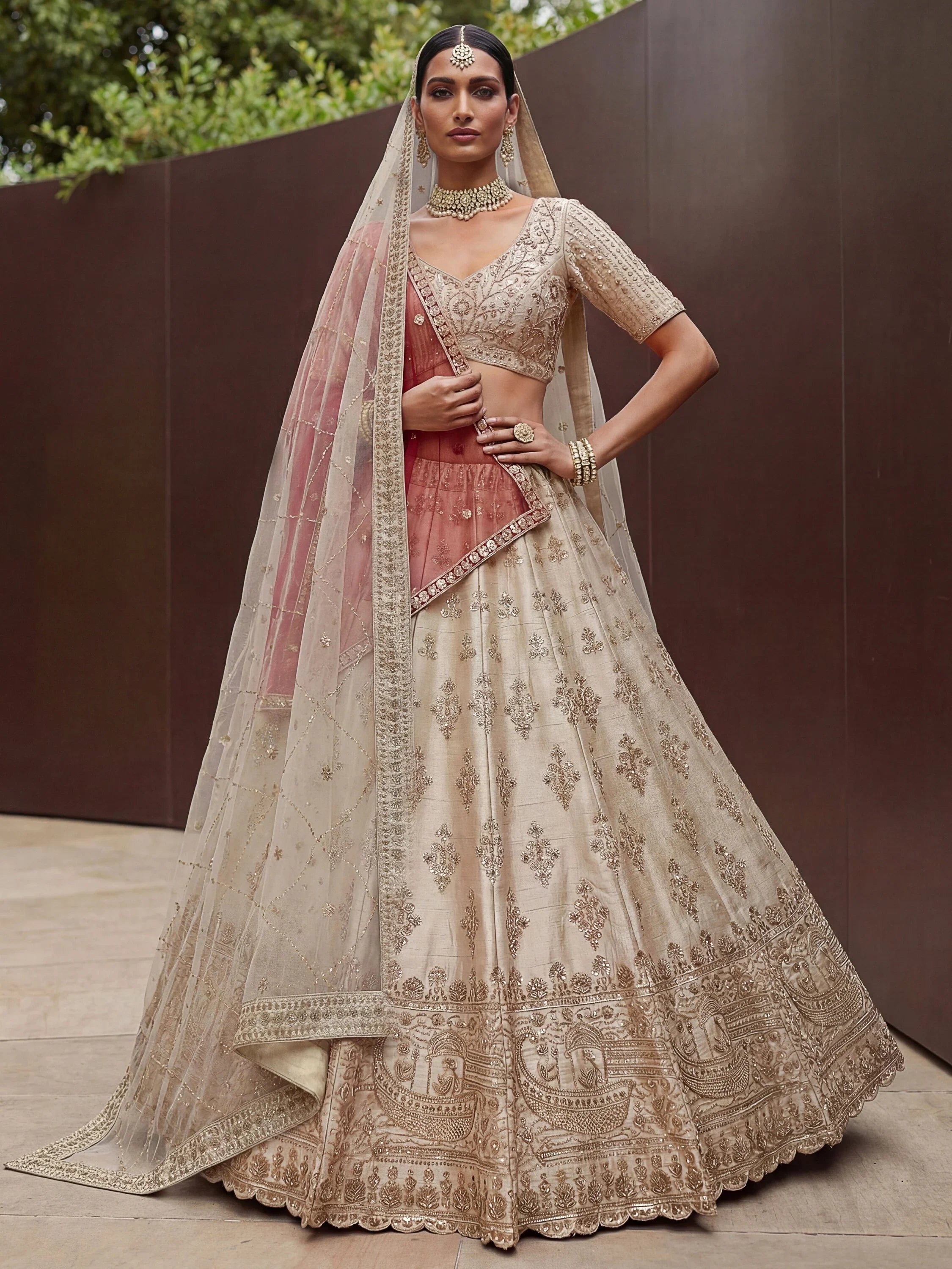 Beige Awesome Hand Work Silk Bridal Lehenga Choli With Double Dupatta