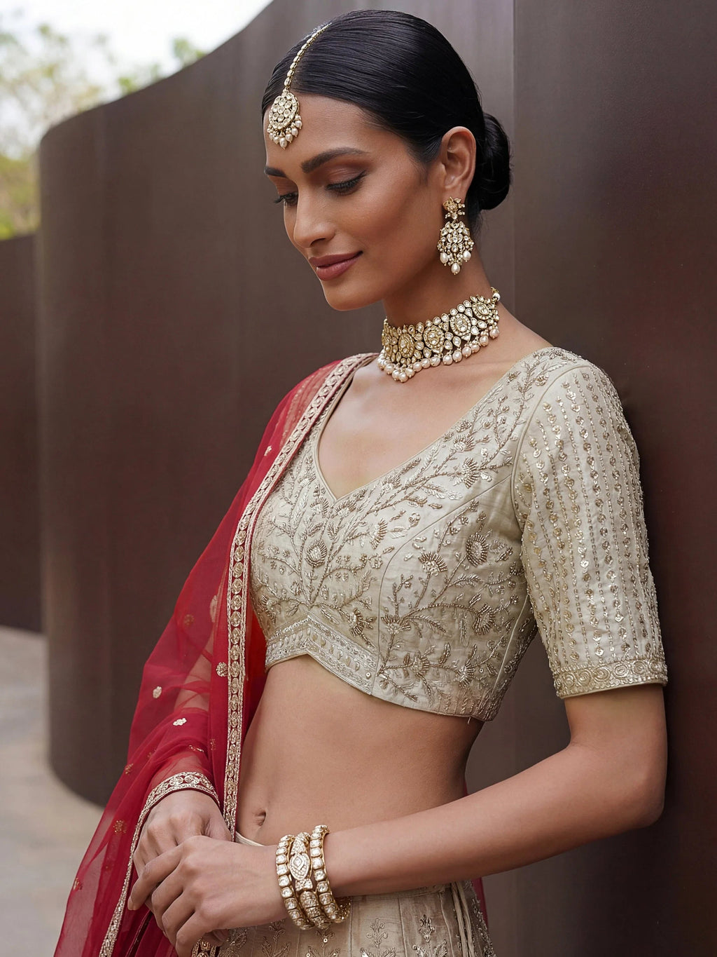 Beige Awesome Hand Work Silk Bridal Lehenga Choli With Double Dupatta