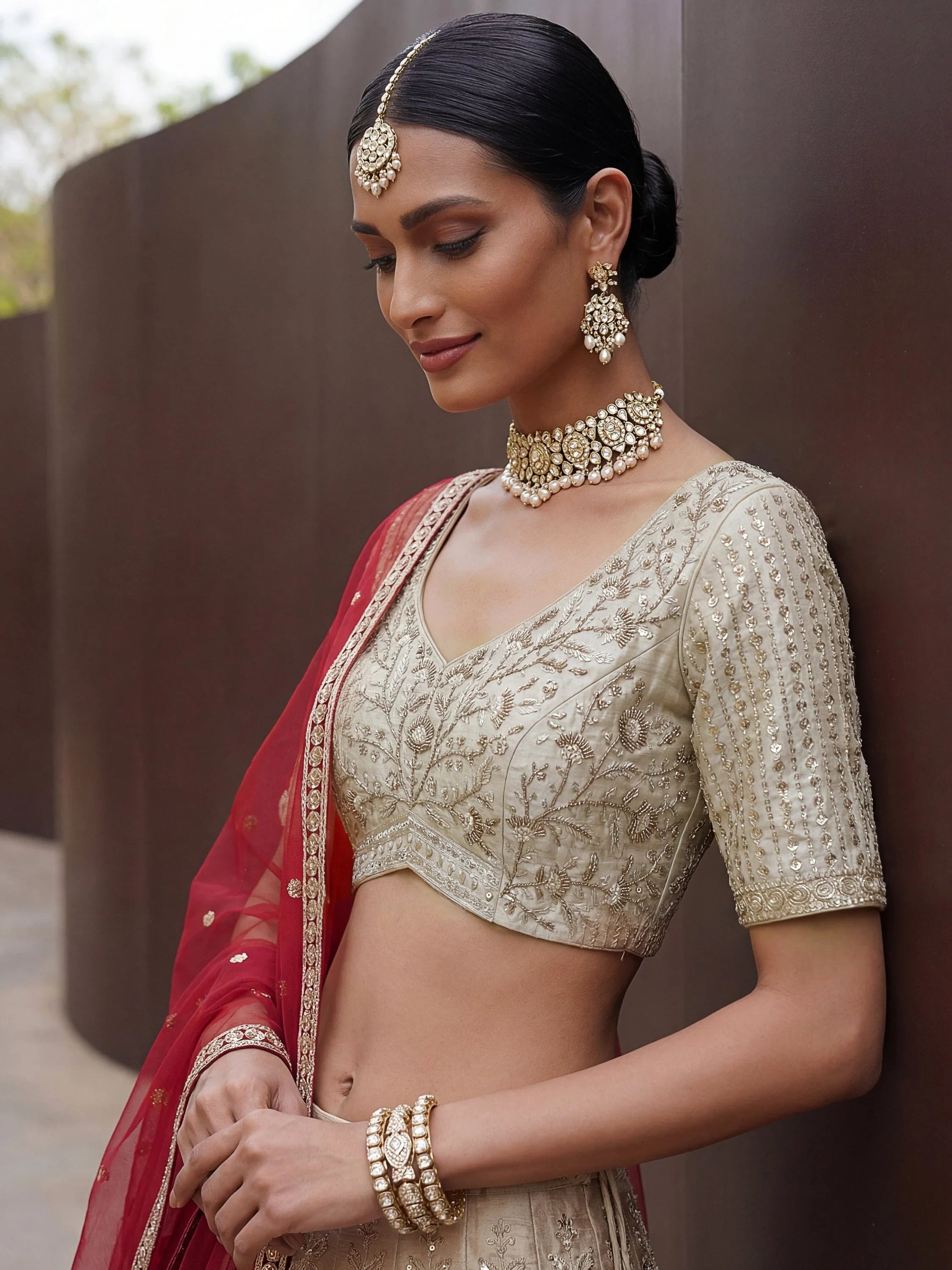 Beige Awesome Hand Work Silk Bridal Lehenga Choli With Double Dupatta