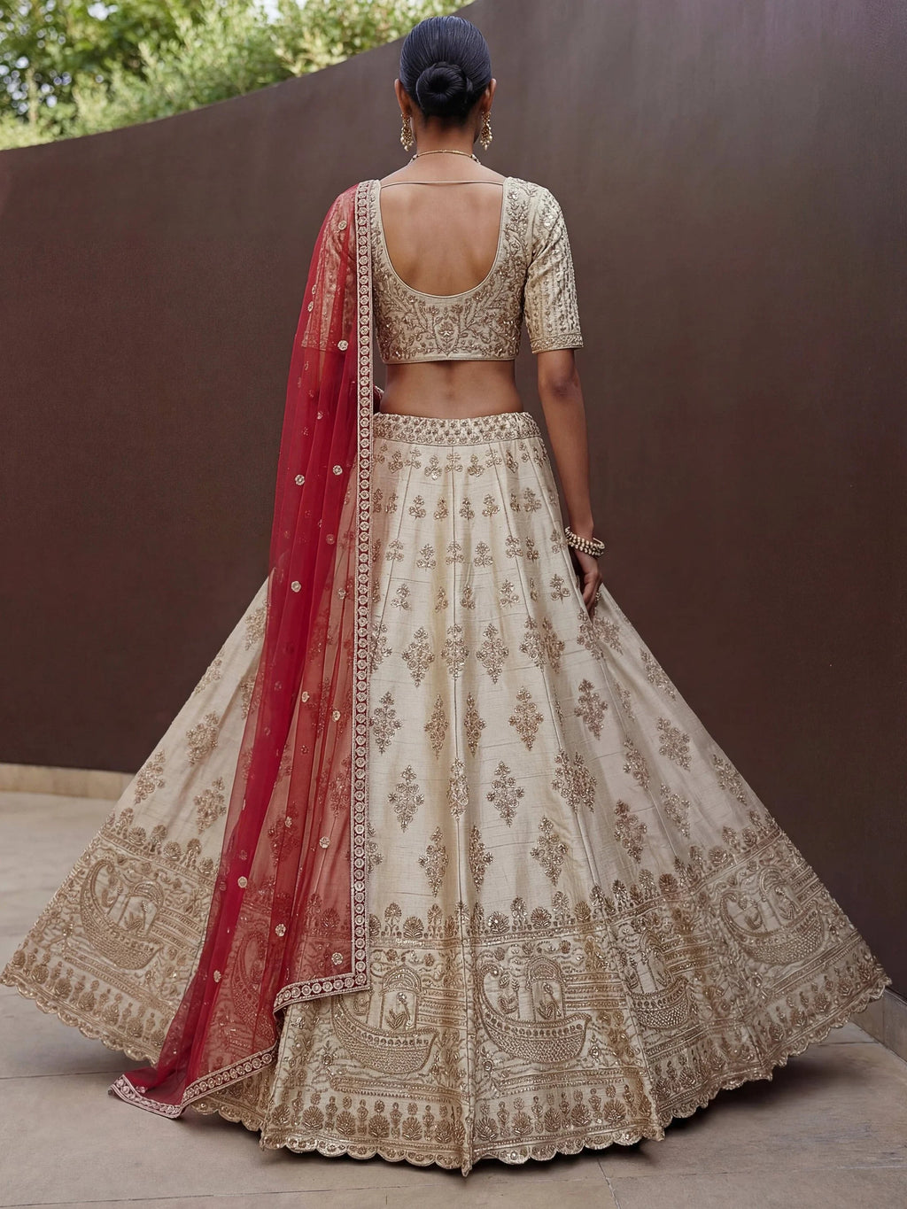 Beige Awesome Hand Work Silk Bridal Lehenga Choli With Double Dupatta