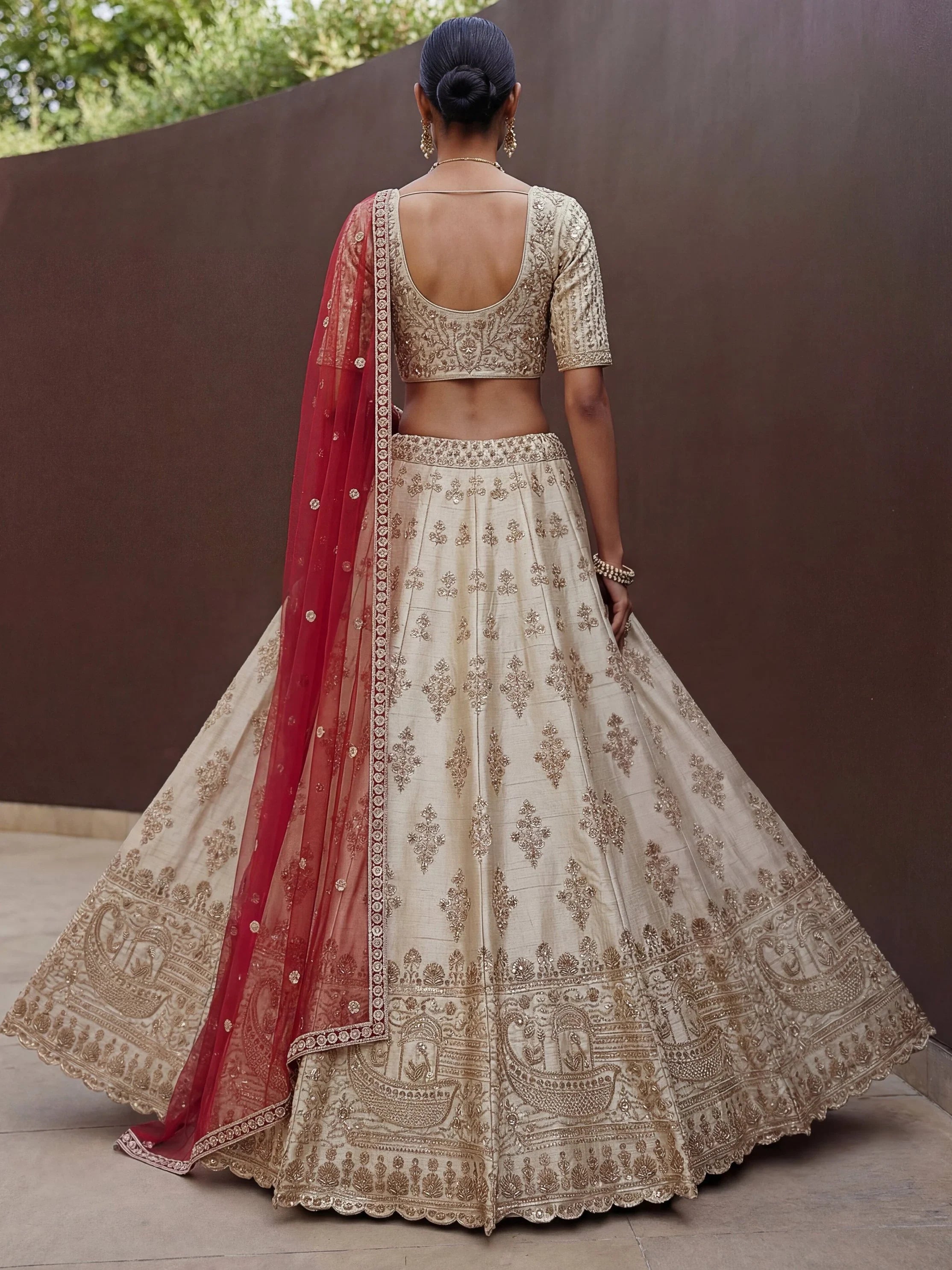 Beige Awesome Hand Work Silk Bridal Lehenga Choli With Double Dupatta