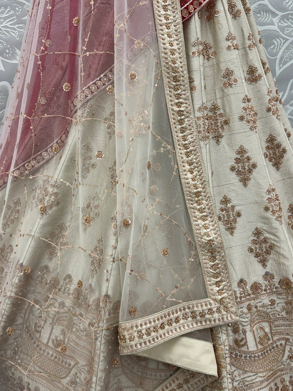 Beige Awesome Hand Work Silk Bridal Lehenga Choli With Double Dupatta