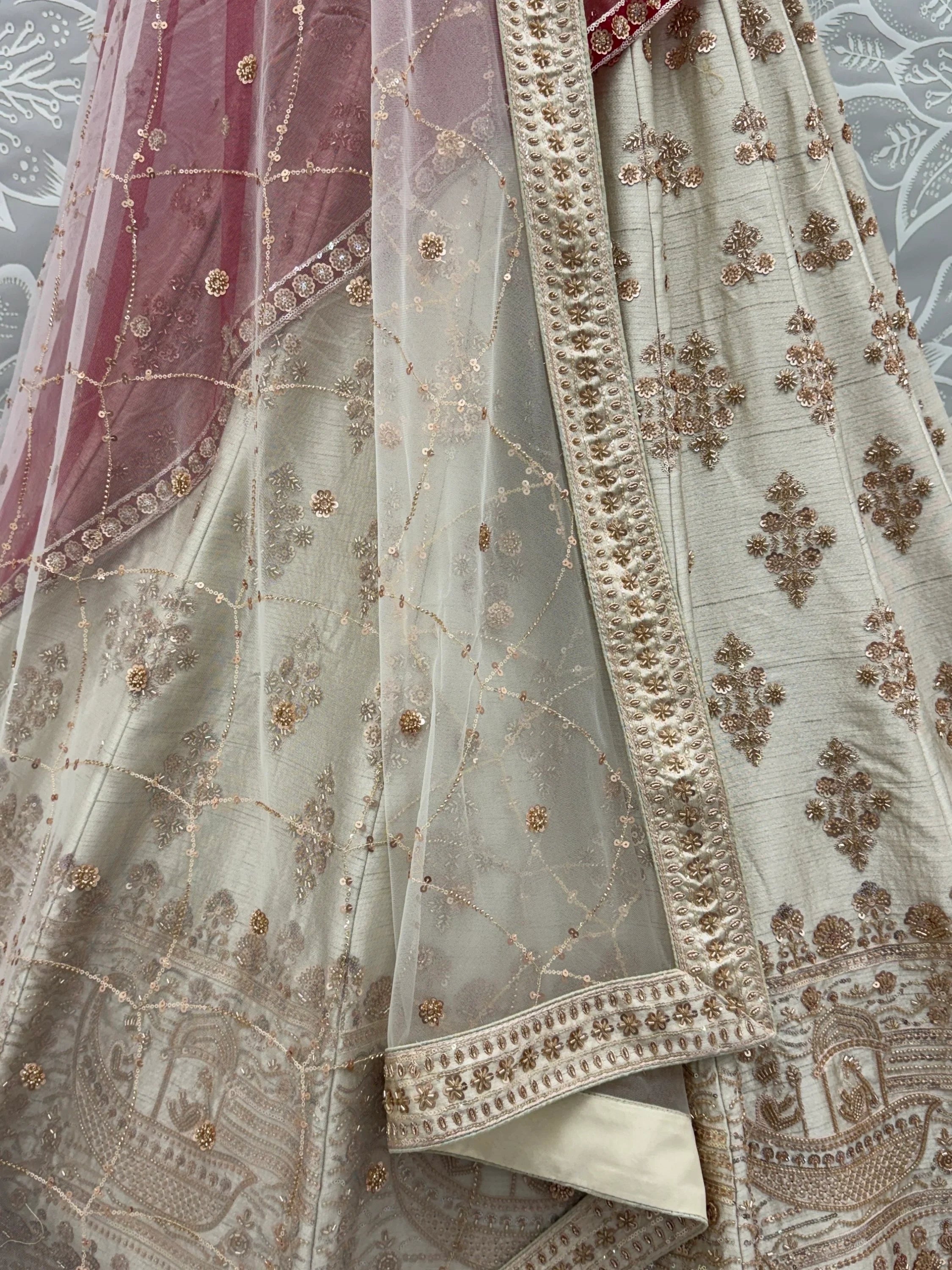 Beige Awesome Hand Work Silk Bridal Lehenga Choli With Double Dupatta