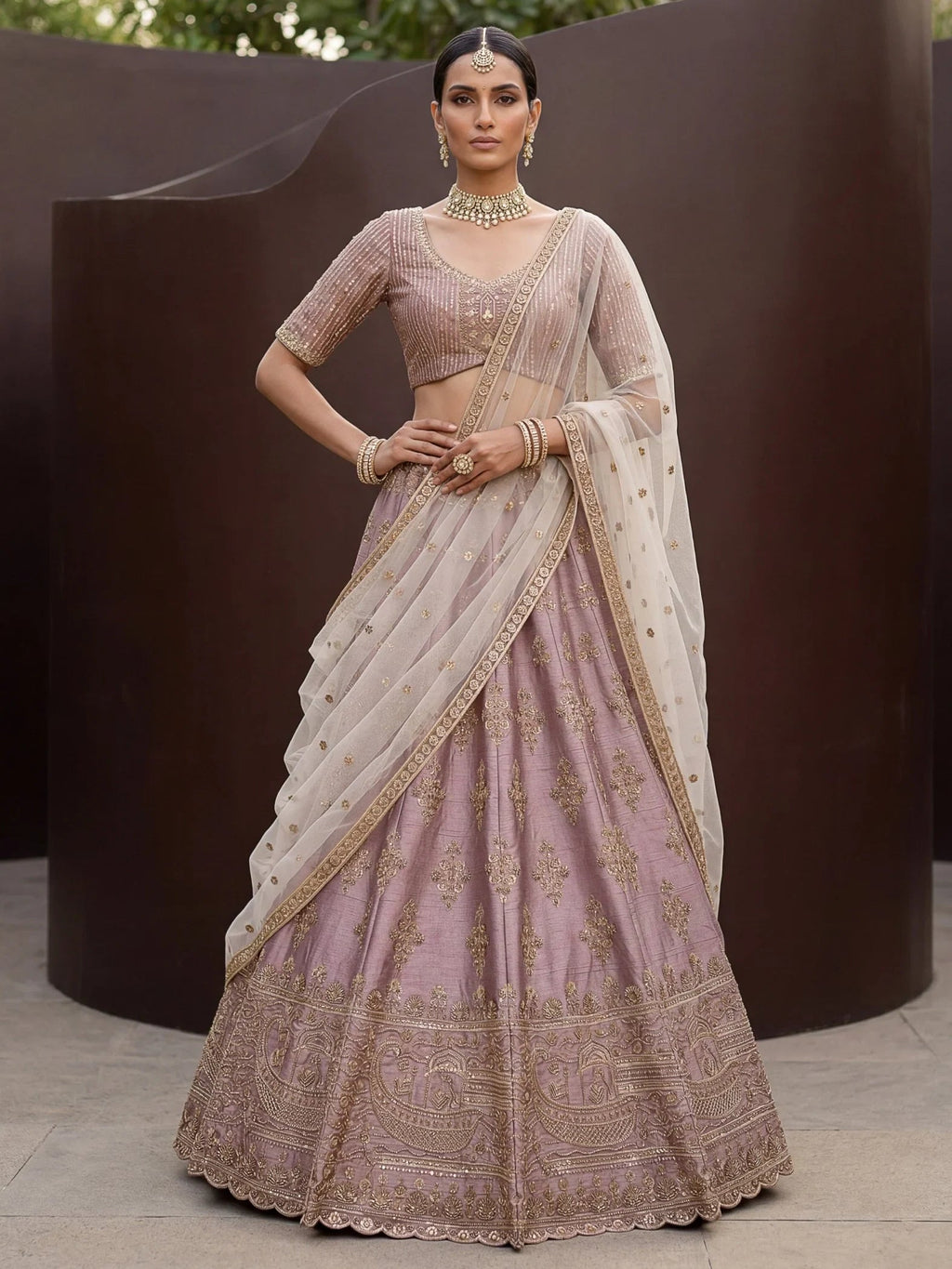 Mauve Awesome Hand Work Silk Bridal Lehenga Choli With Double Dupatta
