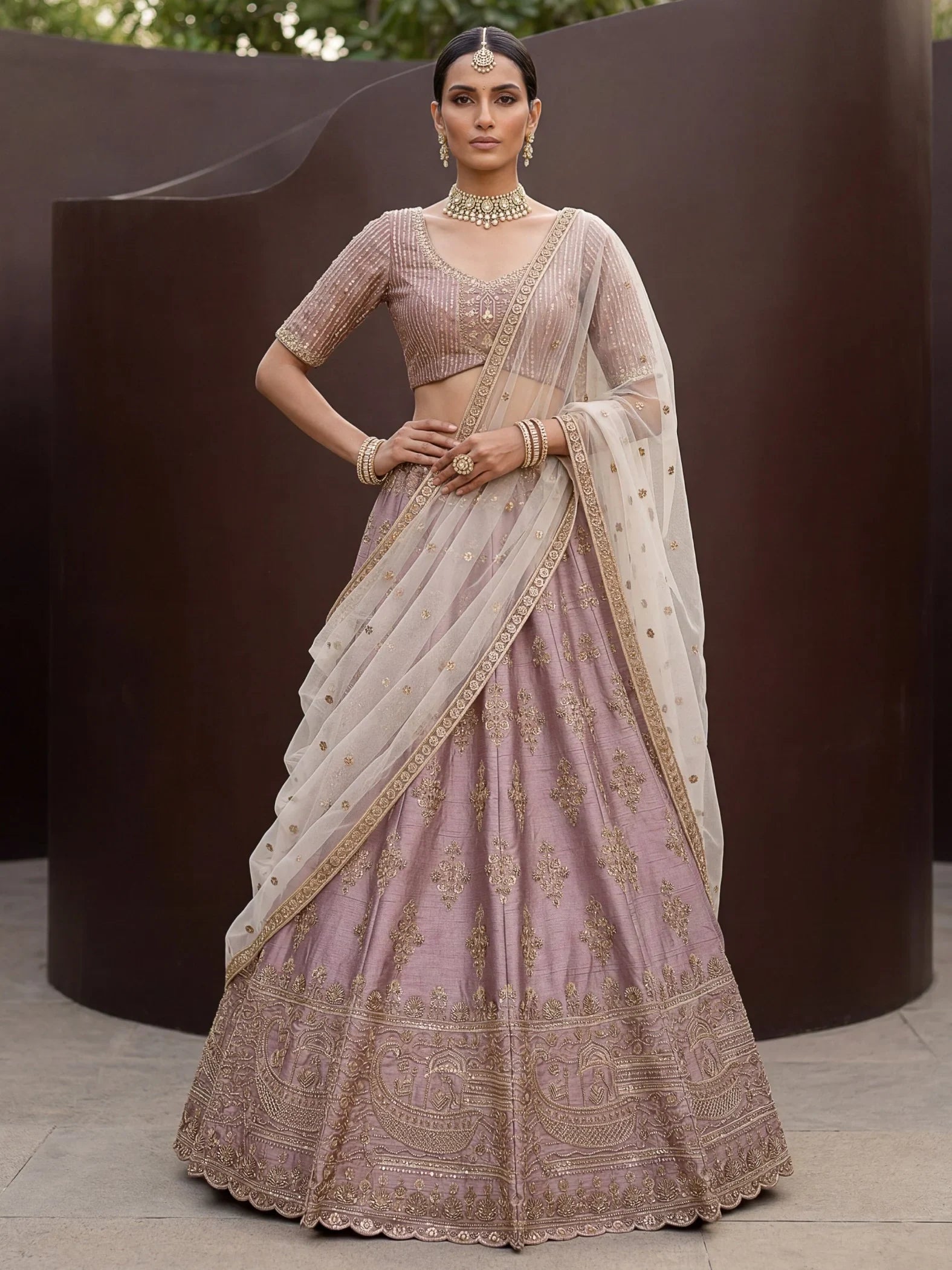 Mauve Awesome Hand Work Silk Bridal Lehenga Choli With Double Dupatta