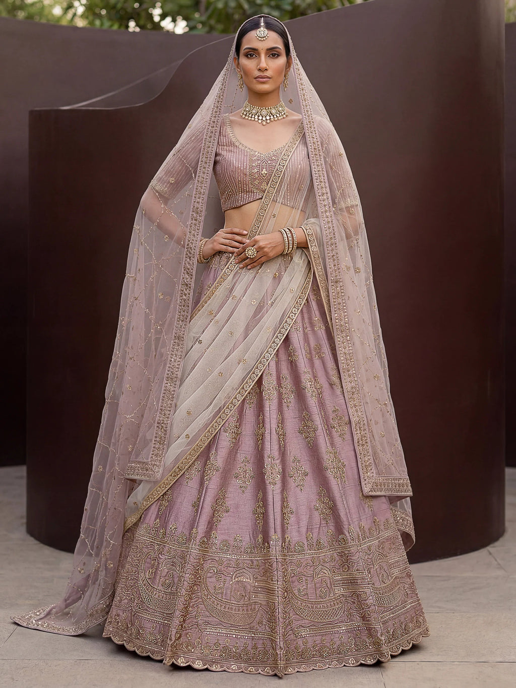 Mauve Awesome Hand Work Silk Bridal Lehenga Choli With Double Dupatta