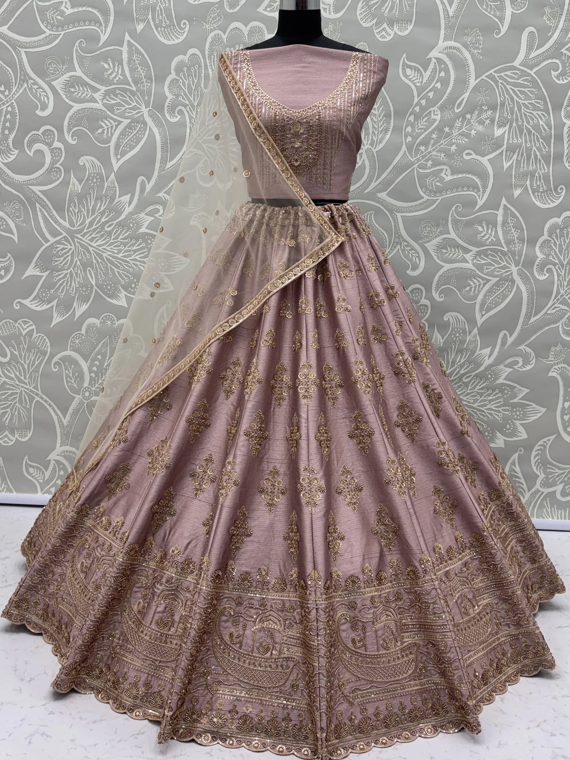 Mauve Awesome Hand Work Silk Bridal Lehenga Choli With Double Dupatta