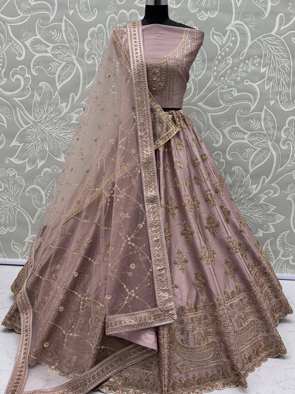 Mauve Awesome Hand Work Silk Bridal Lehenga Choli With Double Dupatta
