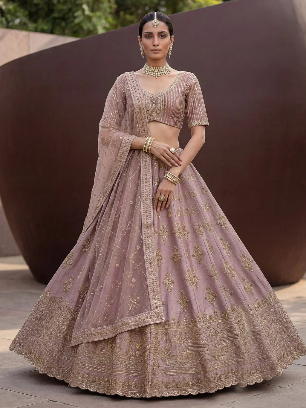 Mauve Awesome Hand Work Silk Bridal Lehenga Choli With Double Dupatta