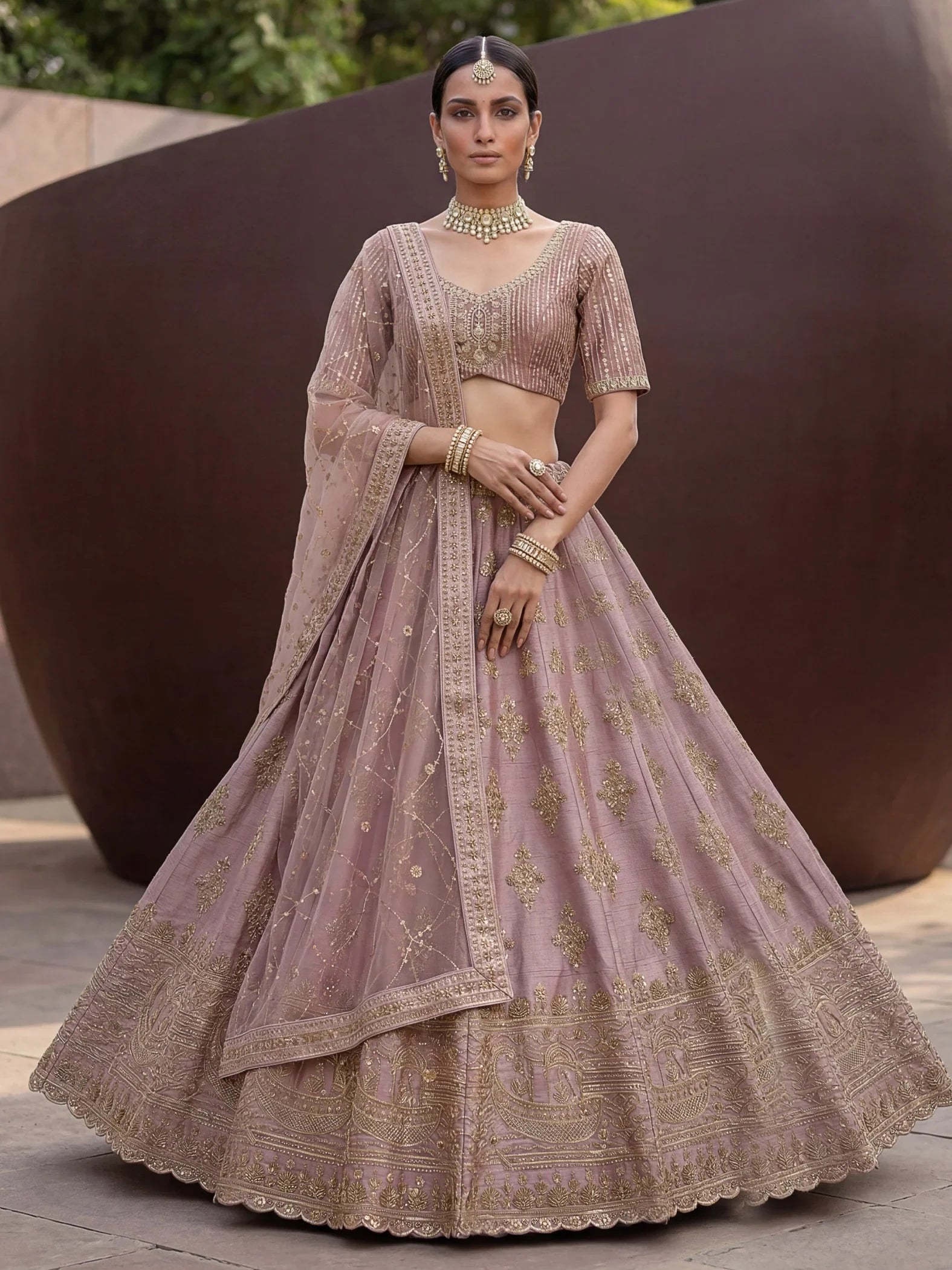 Mauve Awesome Hand Work Silk Bridal Lehenga Choli With Double Dupatta