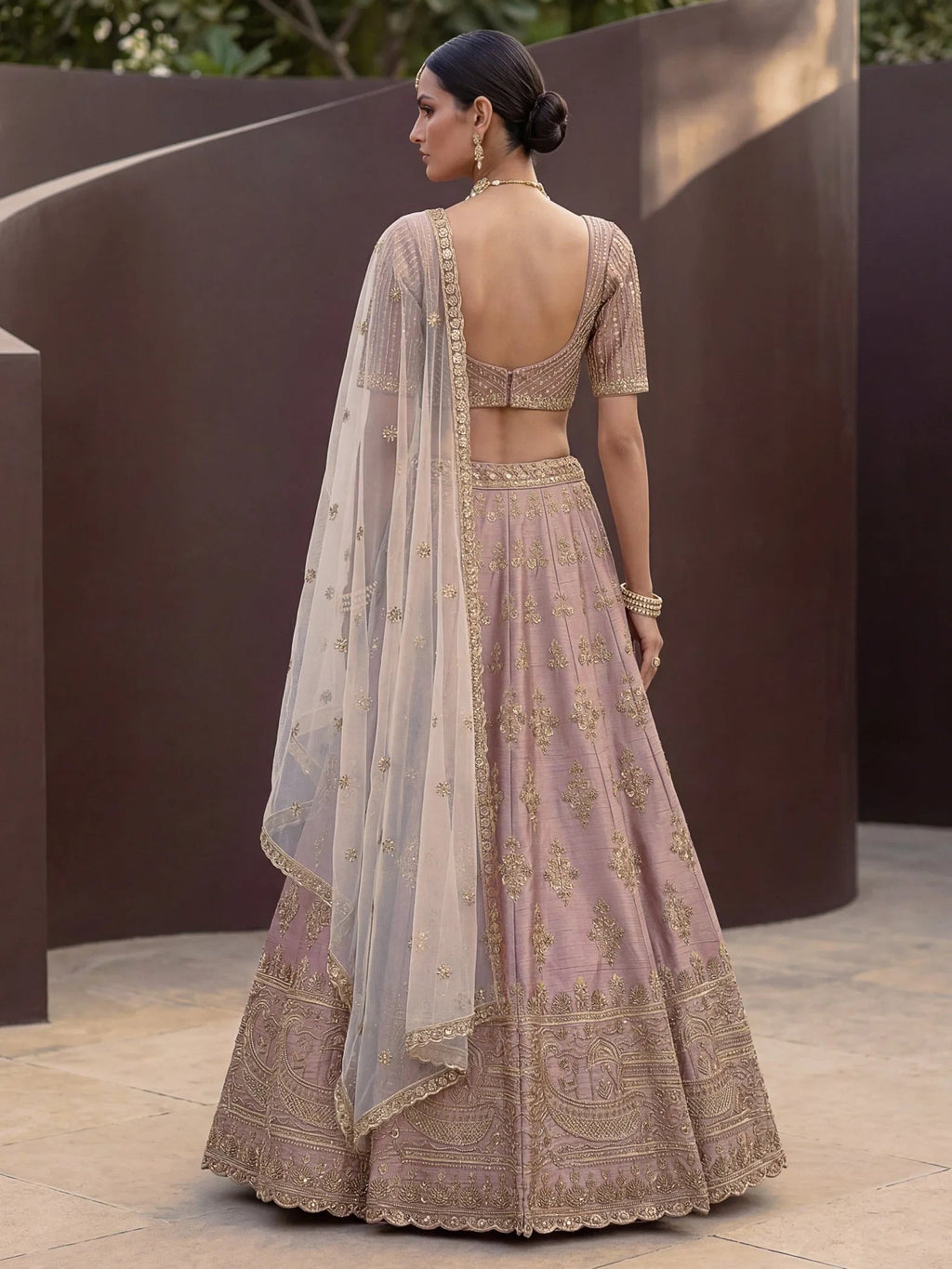 Mauve Awesome Hand Work Silk Bridal Lehenga Choli With Double Dupatta