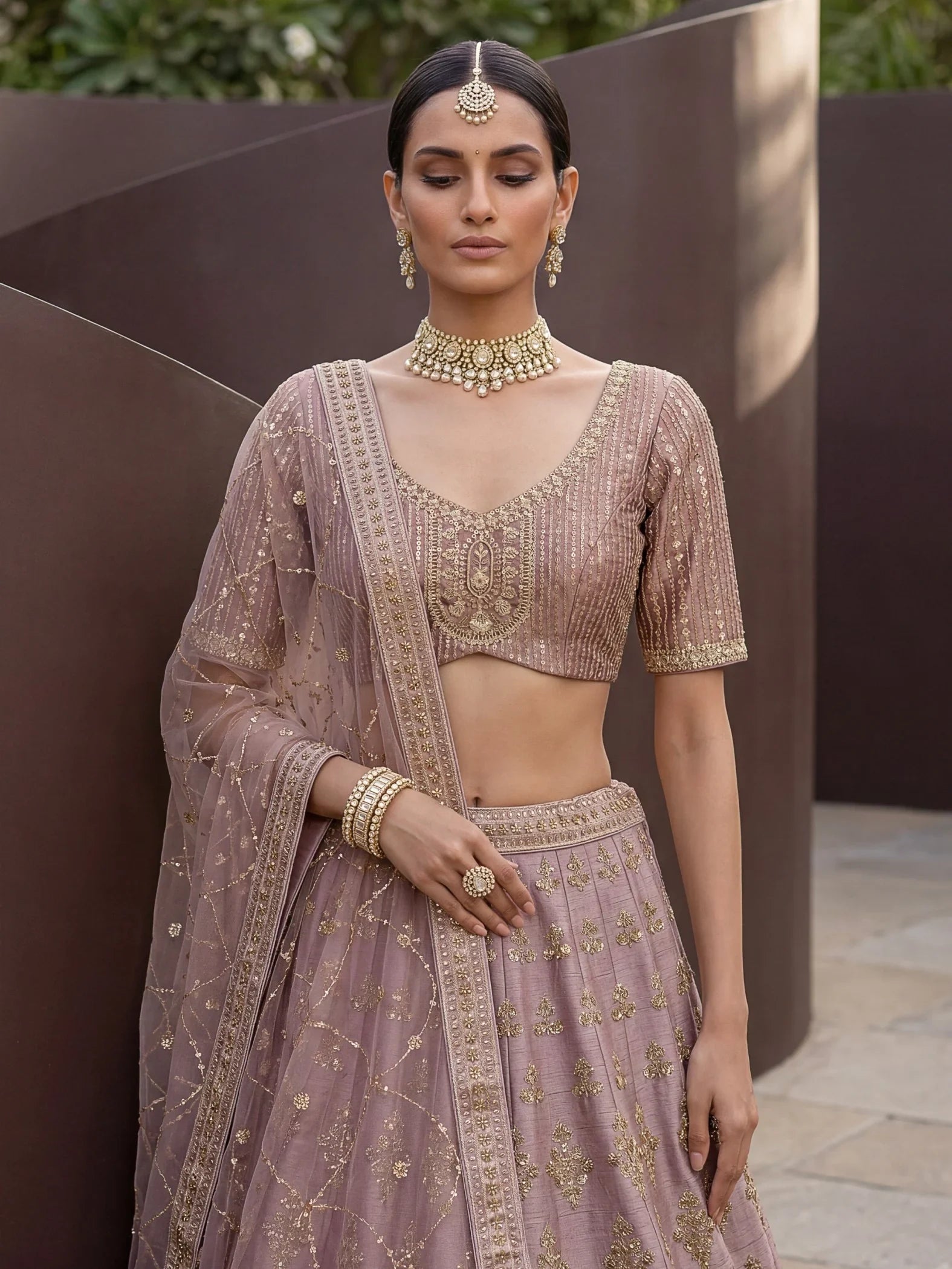 Mauve Awesome Hand Work Silk Bridal Lehenga Choli With Double Dupatta