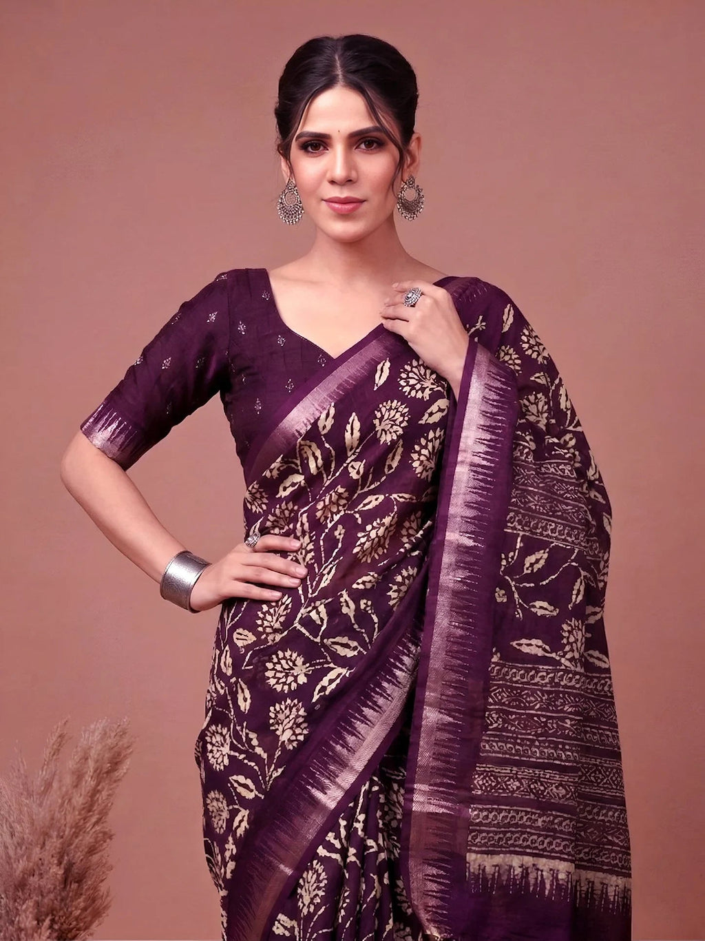 Wine Majestic Floral Printed Silk Casual Wear Saree With Blouse
