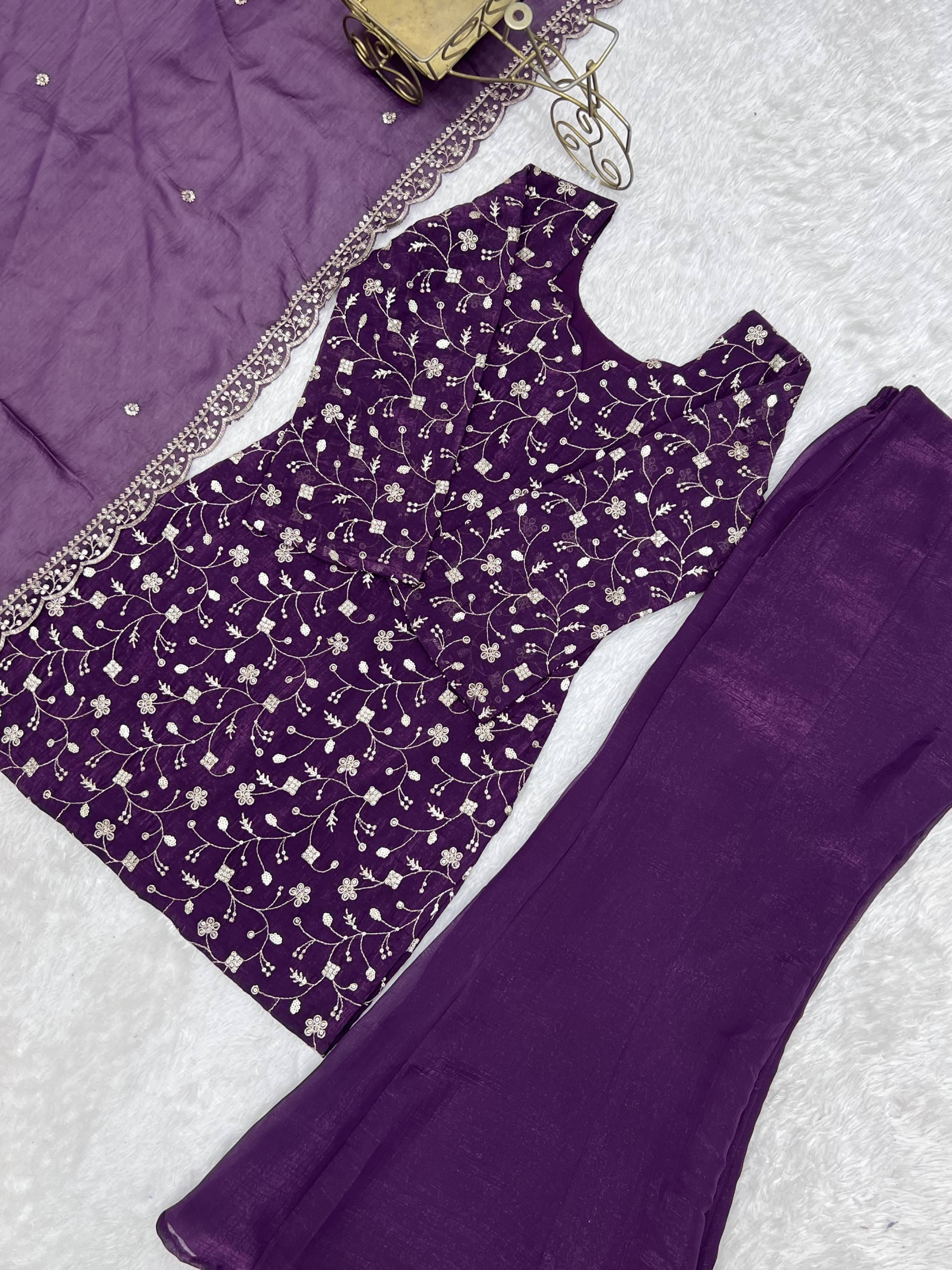 Purple Beautiful Sequins Silk Function Wear Pant Suit