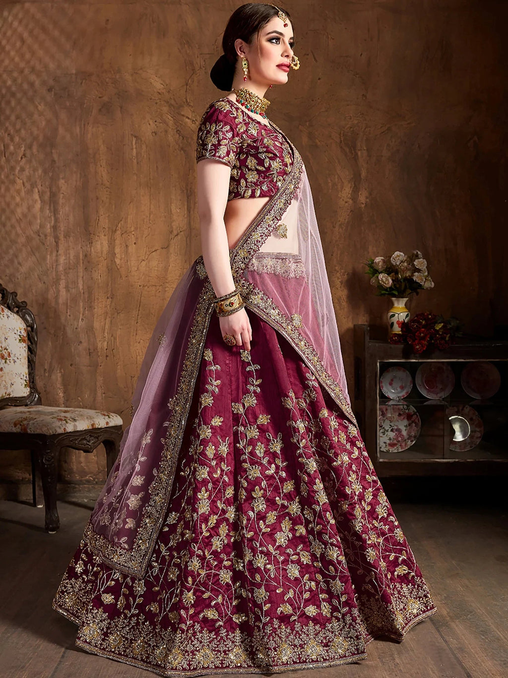 Awesome Maroon Embroidered Silk Wedding Wear Plus Size Lehenga Choli