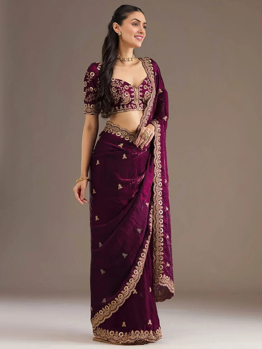 Wine Elegant Embroidered Tissue Silk Party Wear Saree With Blouse