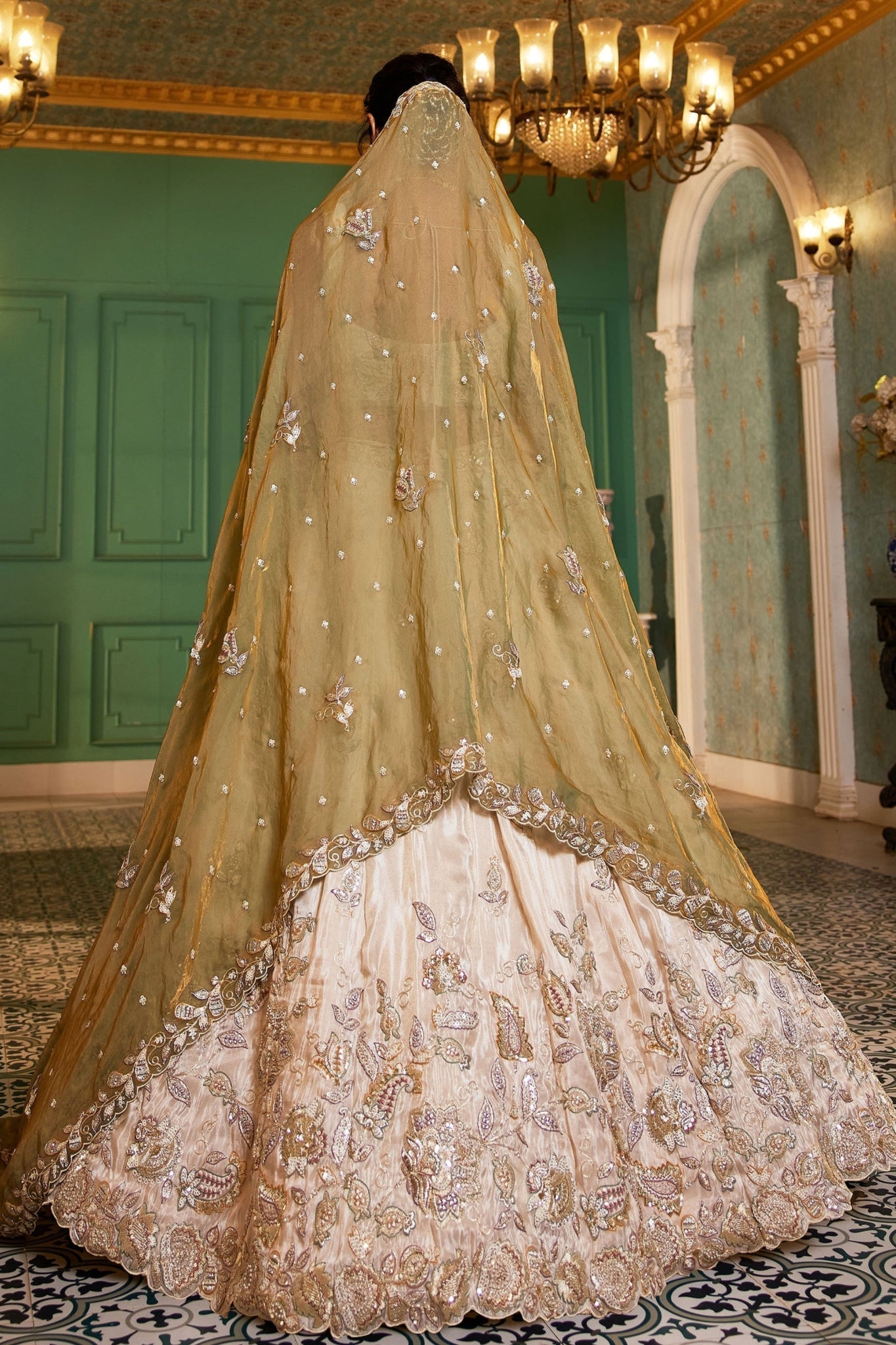 Premium Pure Tissue Ivory Cream Designer Lehenga Choli With Sage Green Fendi Dupatta