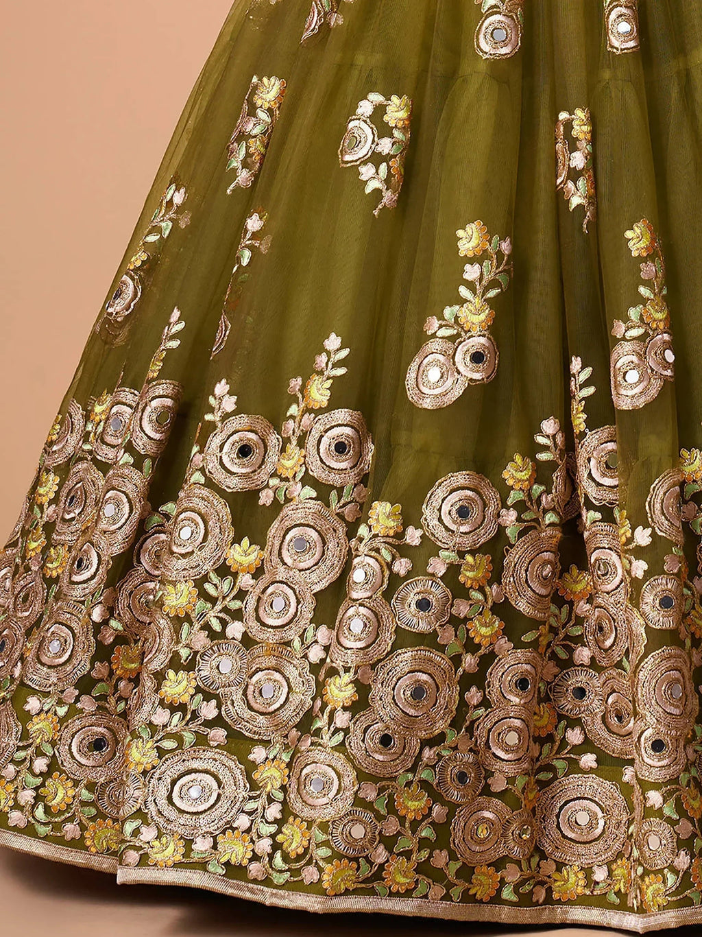 Olive Gorgeous Embroidered Net Wedding Lehenga Choli