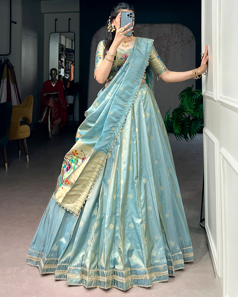 Sky Blue Shimmer Silk Designer Lehenga Set for festive celebrations and wedding occasions