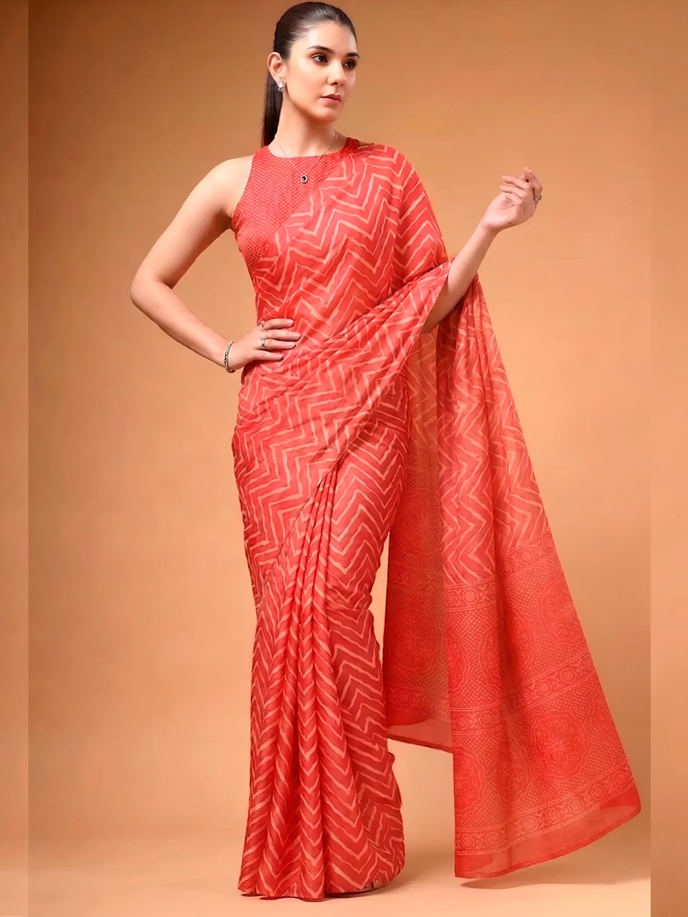 Coral Charming Digital Printed Satin Festive Wear Saree With Blouse