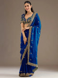 Dazzling Blue Embroidered Silk Festive Wear Saree With Blouse