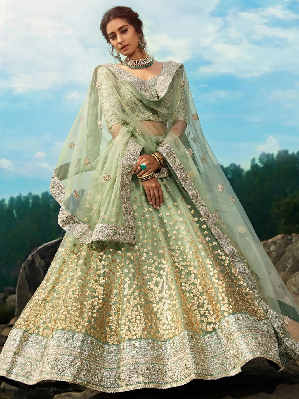 Adorable Green Sequins Net Function Wear Plus Size Lehenga Choli