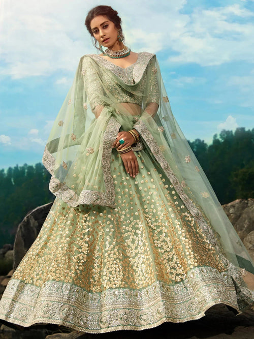 Adorable Green Sequins Net Function Wear Plus Size Lehenga Choli