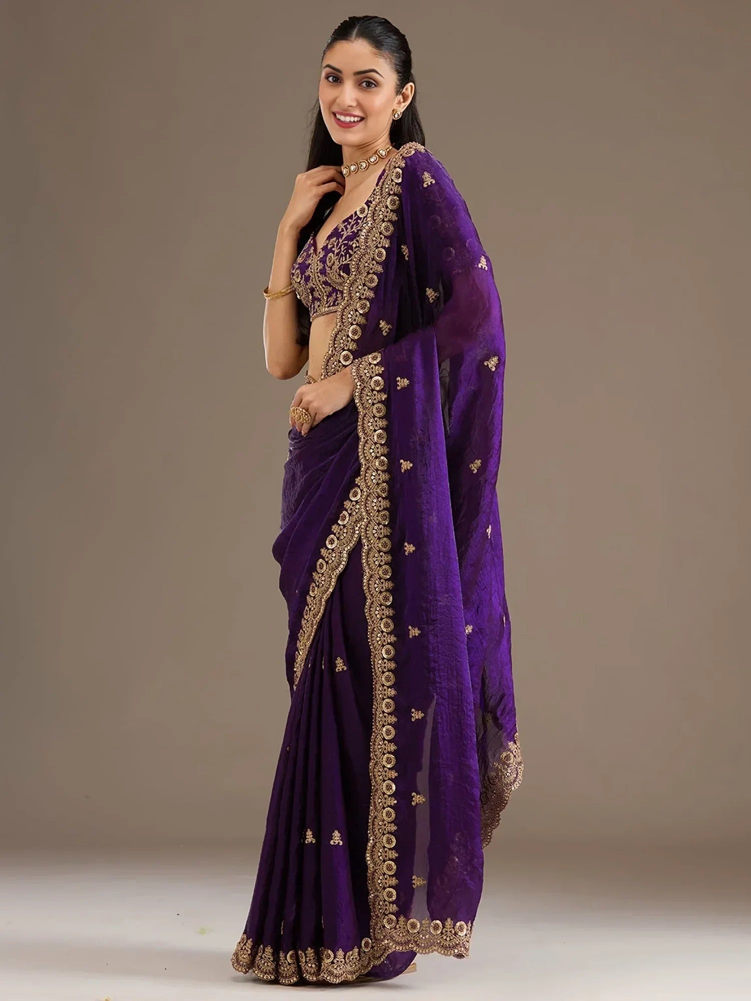 Purple Elegant Embroidered Tissue Silk Party Wear Saree With Blouse