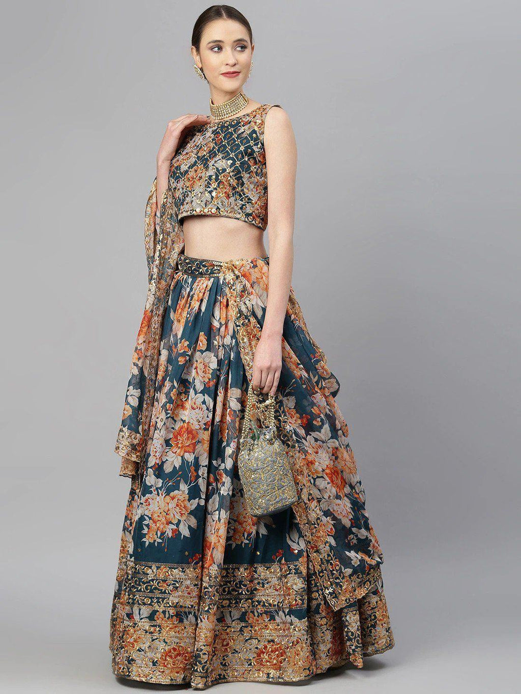 Blue & Peach-Coloured Embellished Sequinned Semi-Stitched Myntra Lehenga & Unstitched Blouse