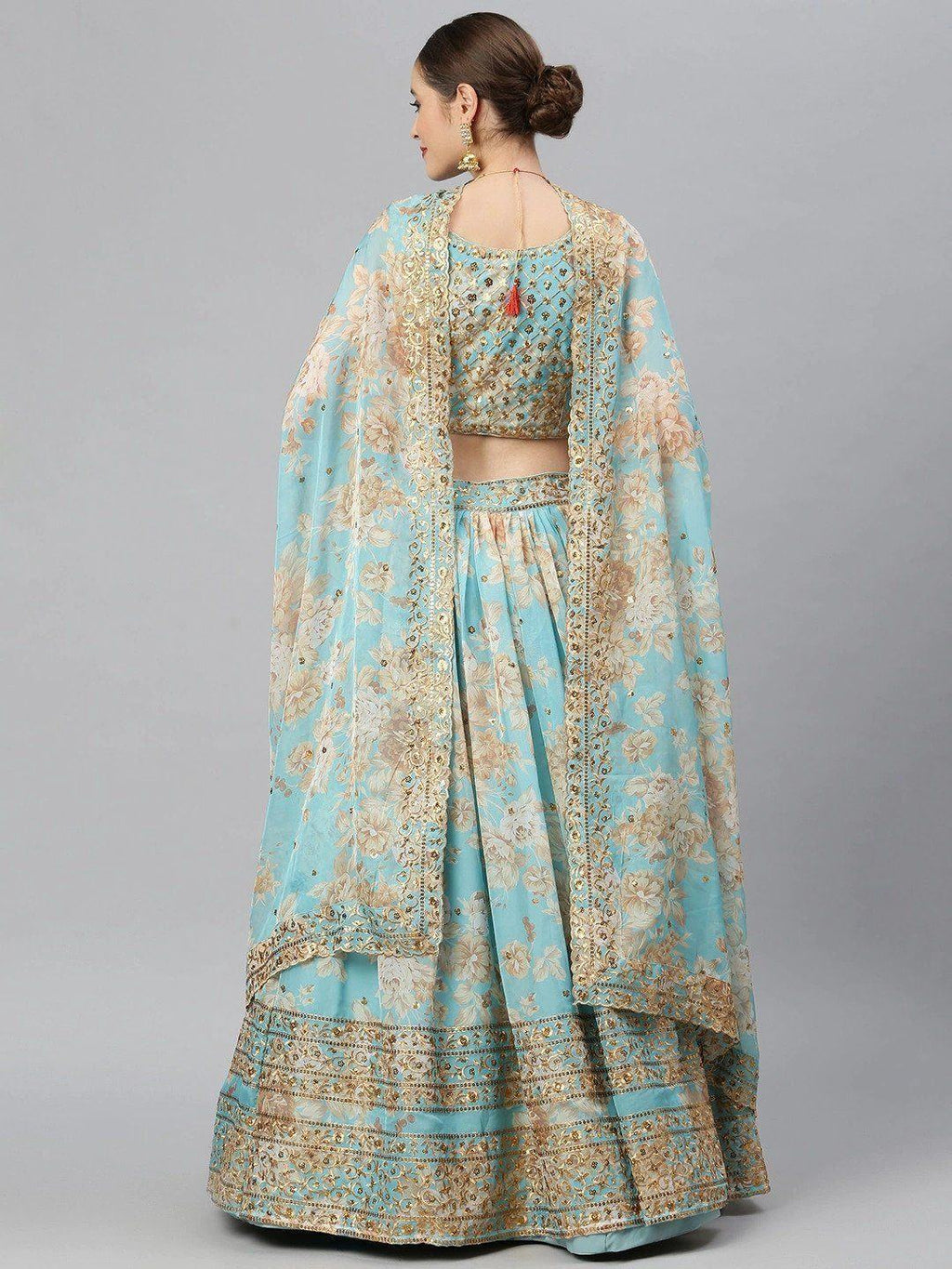 Blue & Peach-Coloured Embellished Sequinned Myntra Lehenga & Unstitched Blouse