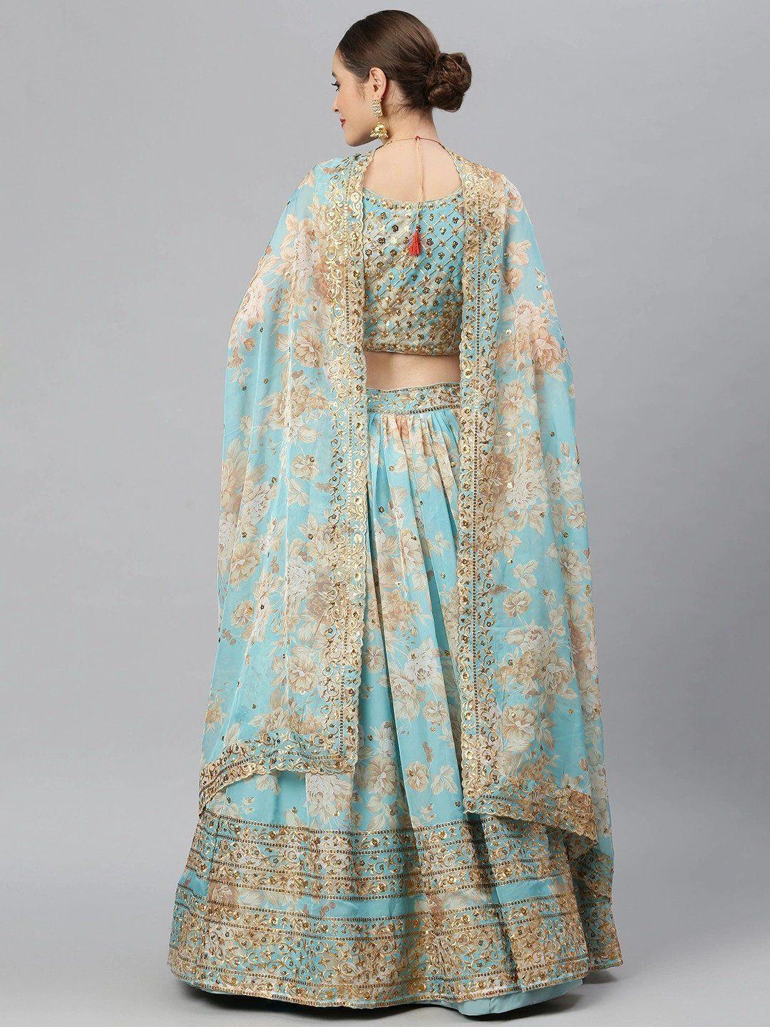 Blue & Peach-Coloured Embellished Sequinned Myntra Lehenga & Unstitched Blouse
