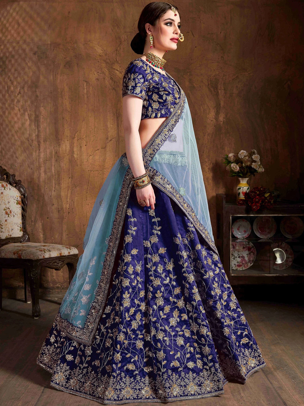 Blue Sequins Raw Silk Bridal Lehenga Choli With Dupatta