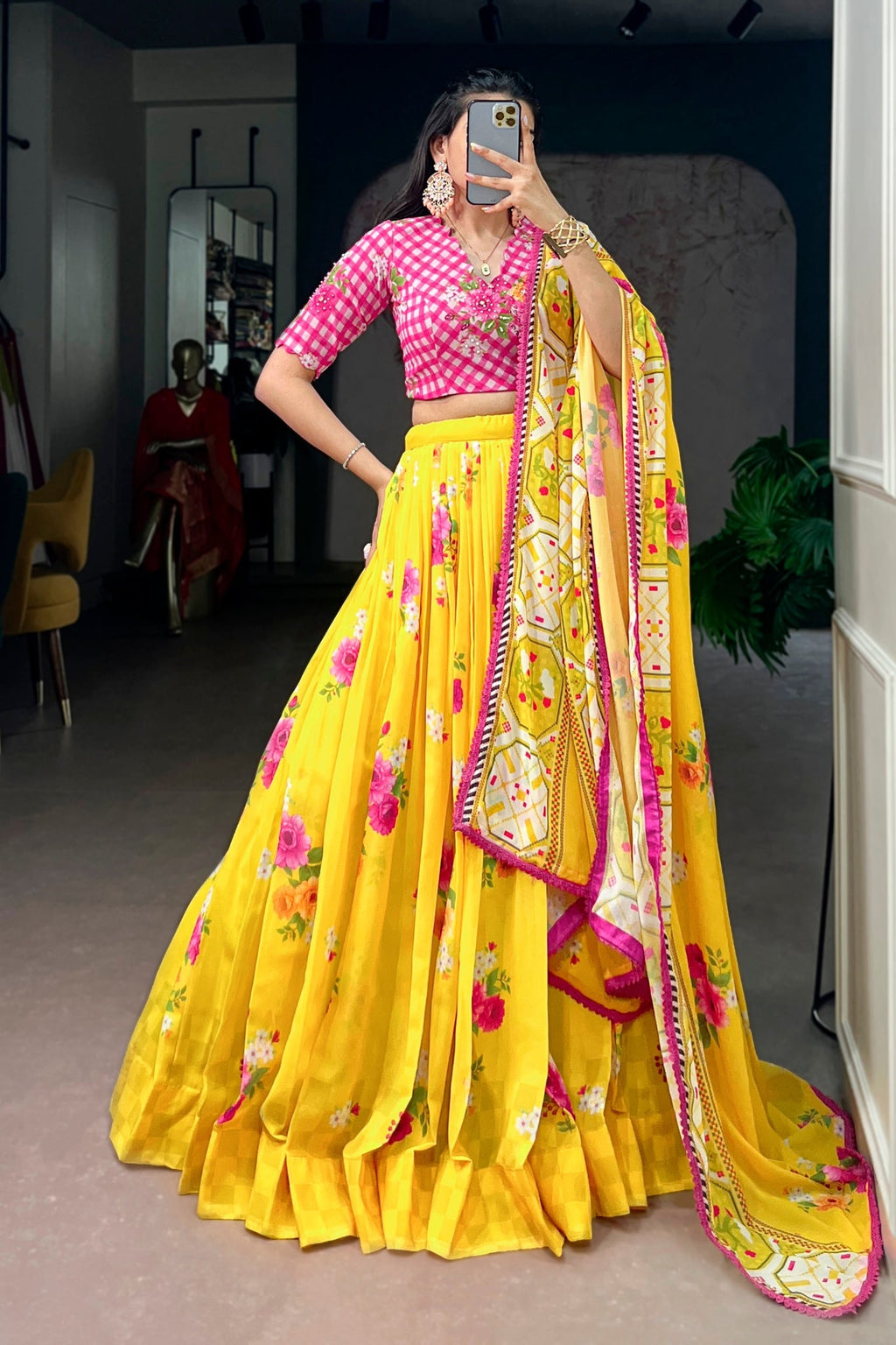 Designer Yellow Floral Georgette Lehenga Choli With Handwork Blouse & Printed Dupatta For Women