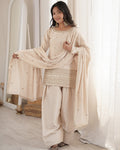 Off-White Color Roman Silk Embroidered Farshi Salwar Suit