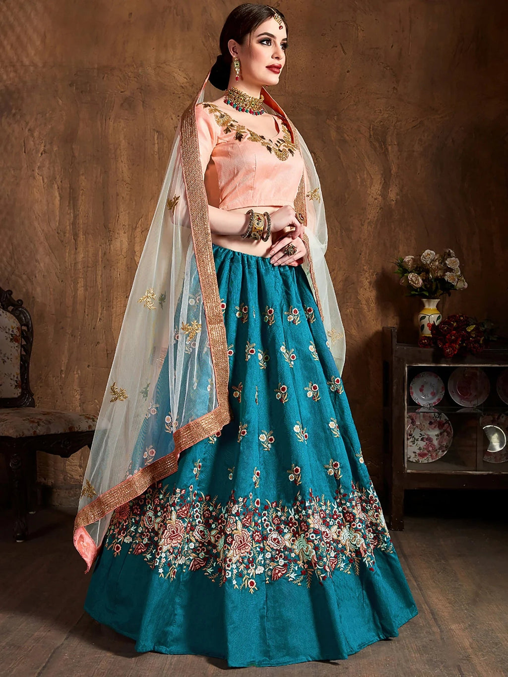 Glamorous Blue Embroidered Silk Festival Wear Plus Size Lehenga Choli
