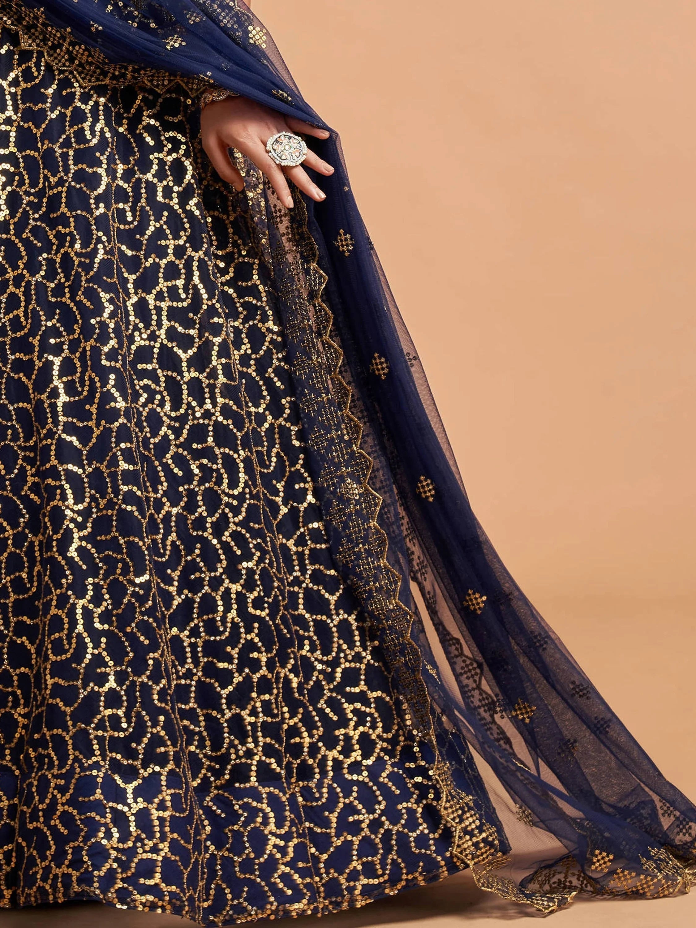 Blue Thread Embroidered Net Wedding Wear Lehenga Choli