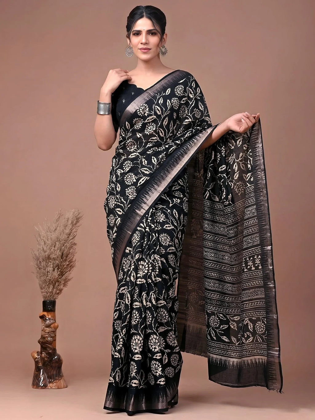 Black Majestic Floral Printed Silk Casual Wear Saree With Blouse