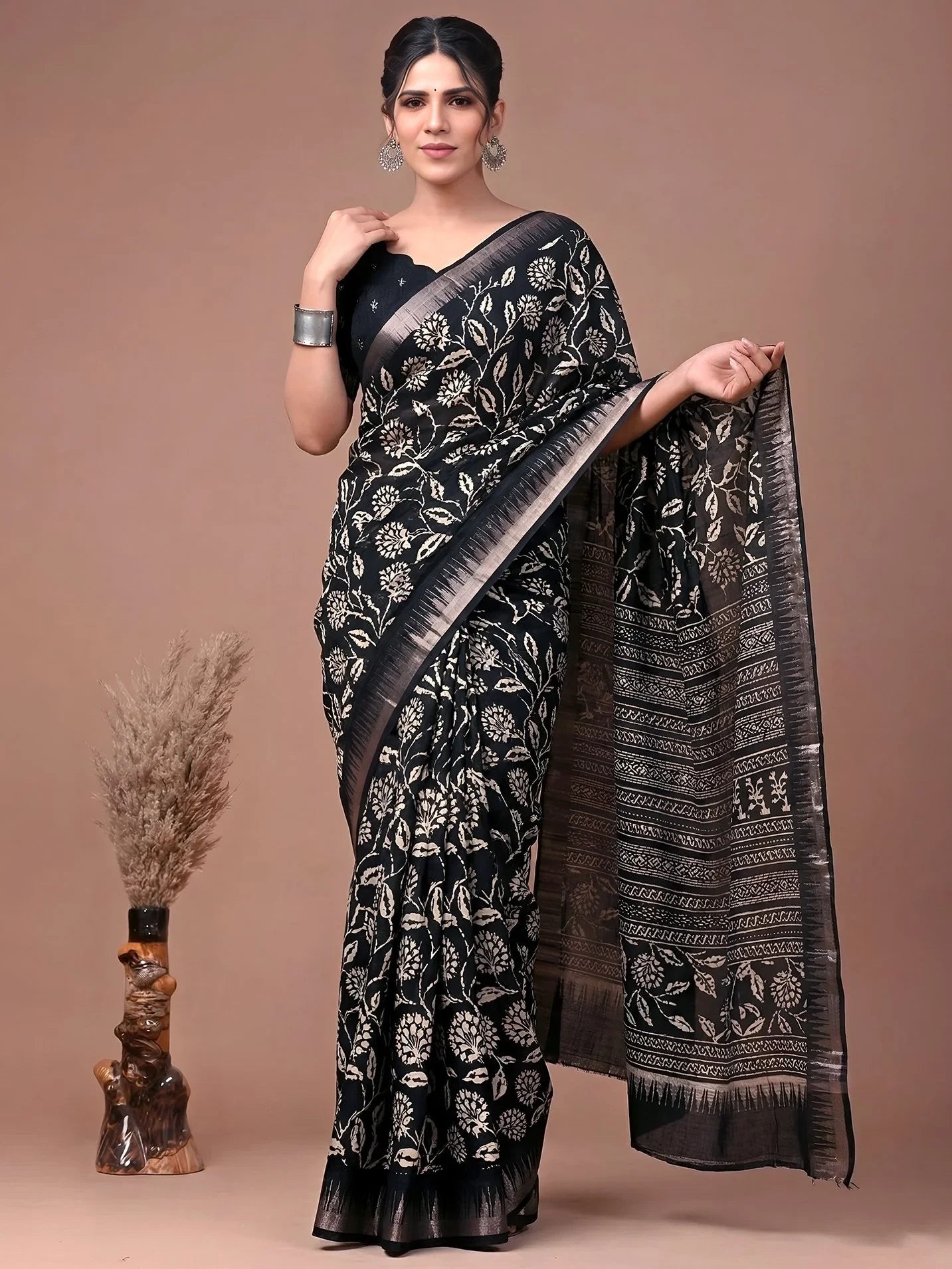Black Majestic Floral Printed Silk Casual Wear Saree With Blouse