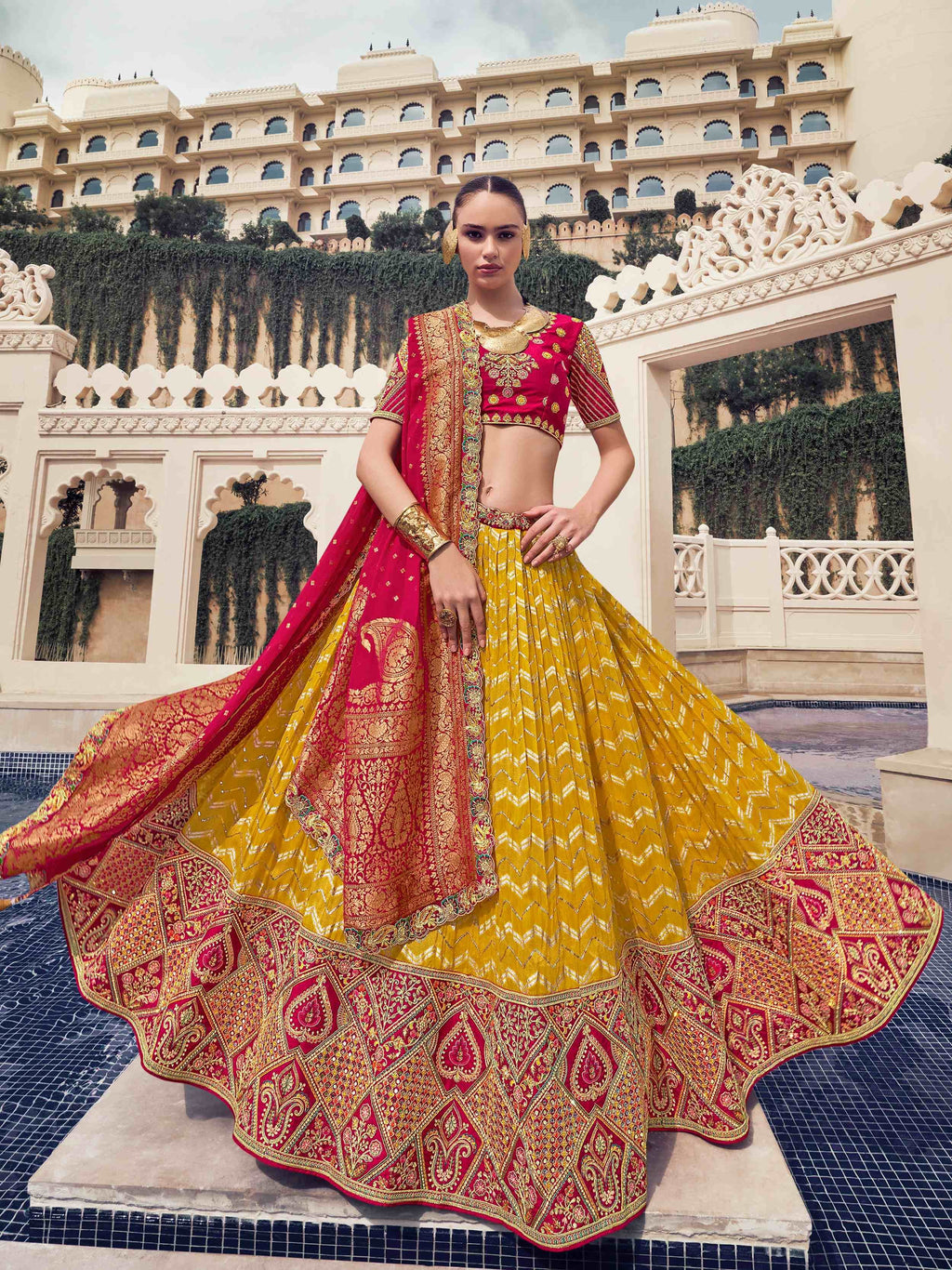 Stunning Yellow Embroidered Organza Wedding Wear Lehenga Choli