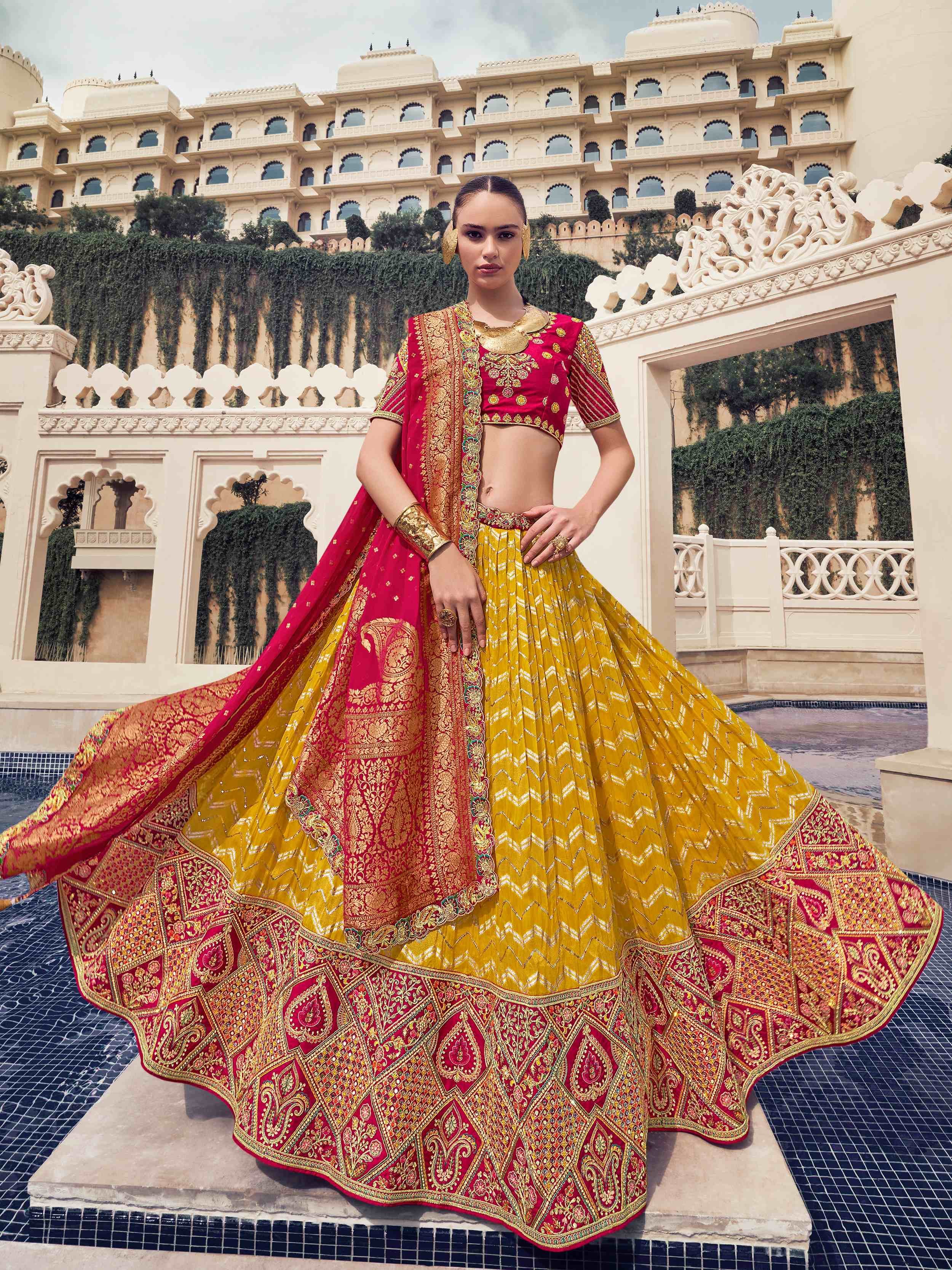 Stunning Yellow Embroidered Organza Wedding Wear Lehenga Choli