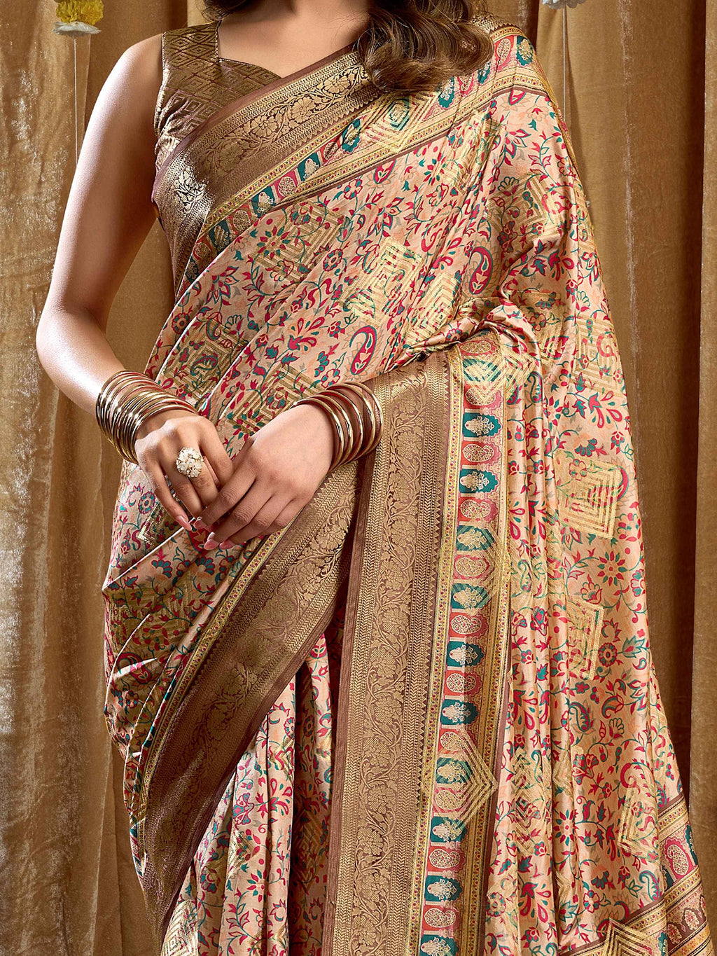 Incredible Beige Digital Printed Silk Wedding Saree With Blouse