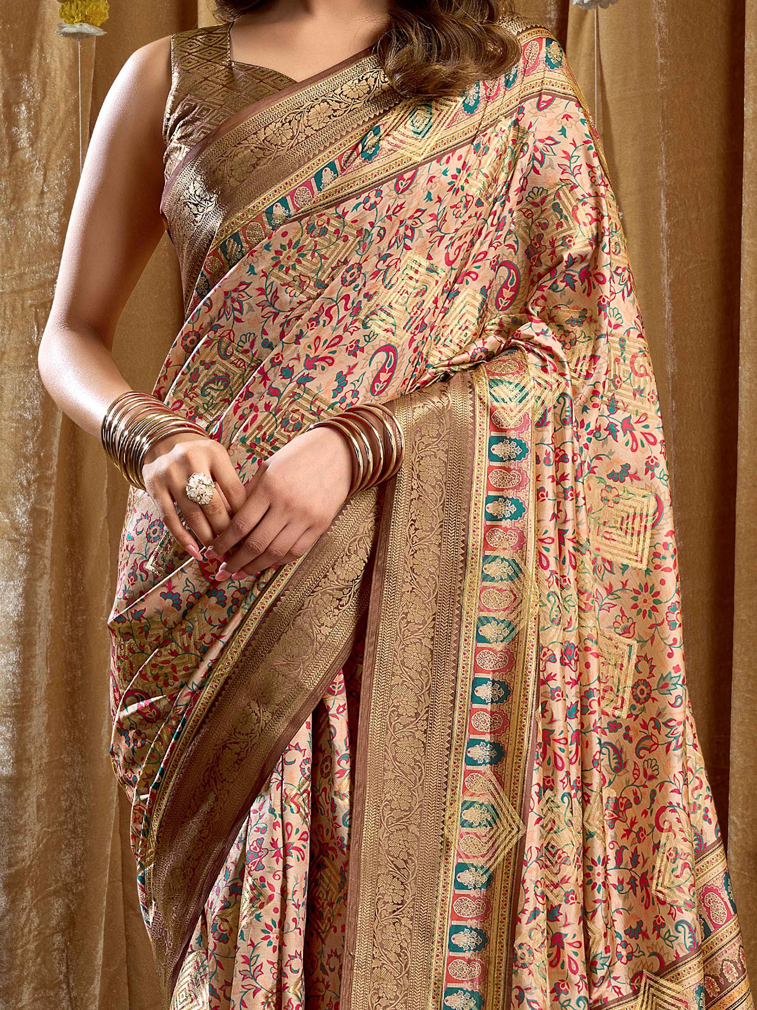 Incredible Beige Digital Printed Silk Wedding Saree With Blouse