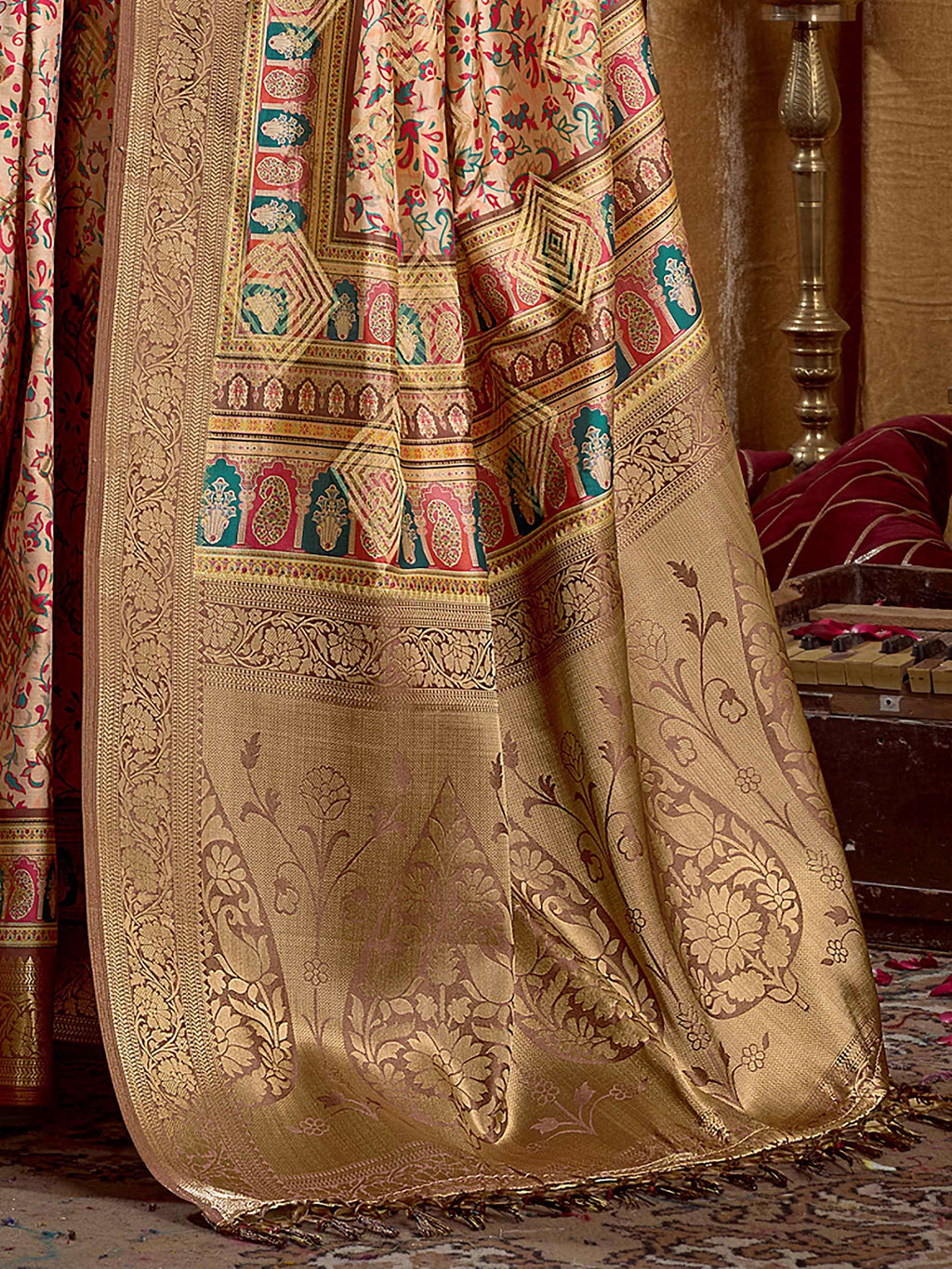 Incredible Beige Digital Printed Silk Wedding Saree With Blouse