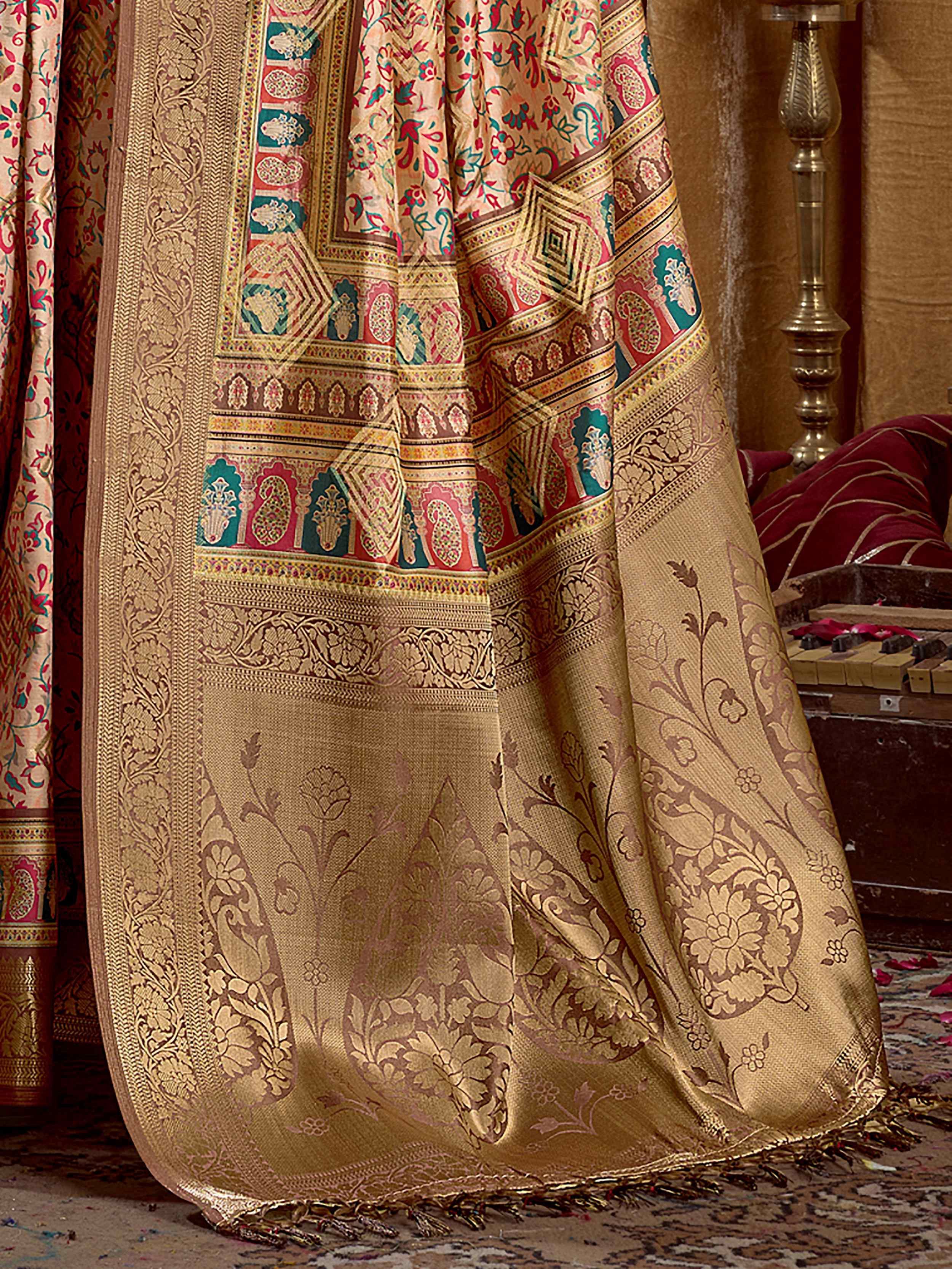 Incredible Beige Digital Printed Silk Wedding Saree With Blouse