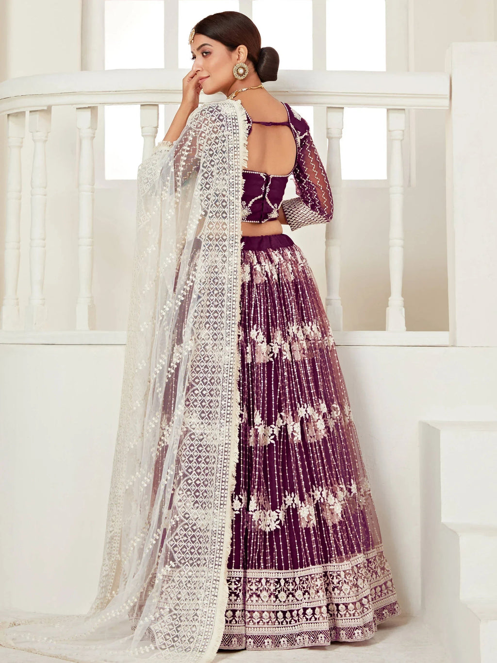 Magnetic Wine Thread Embroidered Net Festival Wear Lehenga Choli