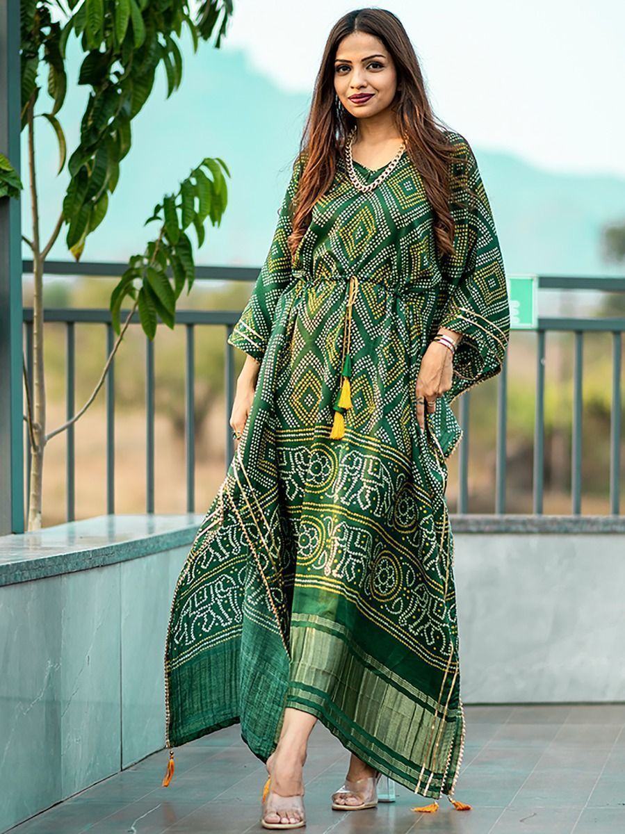 Green Ravishing Bandhej Print Gaji Silk Festival Wear Readymade Kaftan
