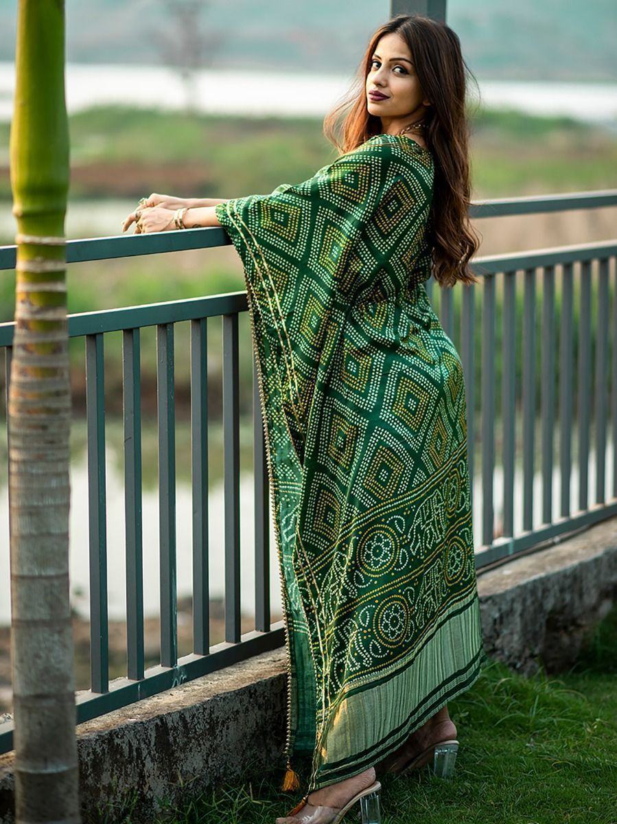 Green Ravishing Bandhej Print Gaji Silk Festival Wear Readymade Kaftan