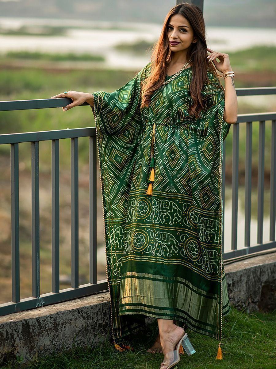 Green Ravishing Bandhej Print Gaji Silk Festival Wear Readymade Kaftan