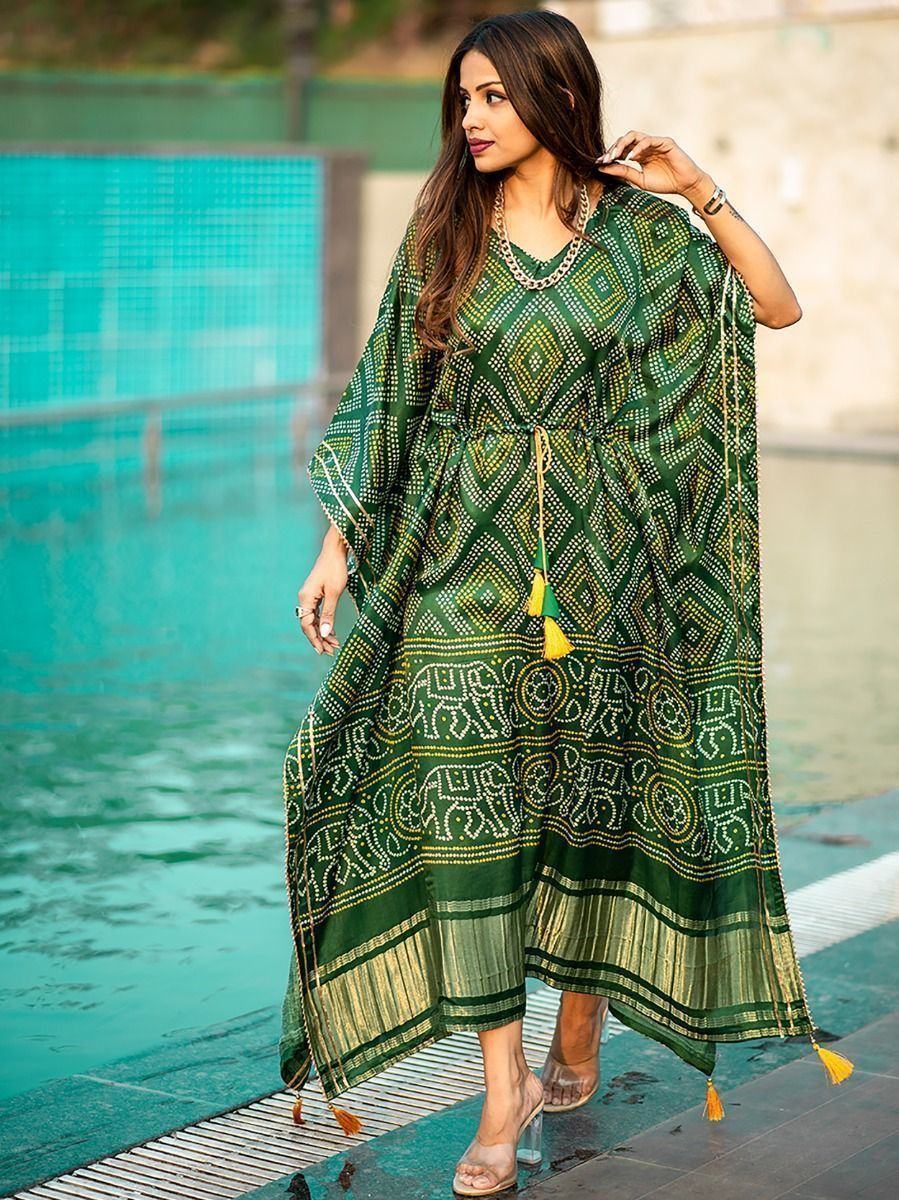 Green Ravishing Bandhej Print Gaji Silk Festival Wear Readymade Kaftan